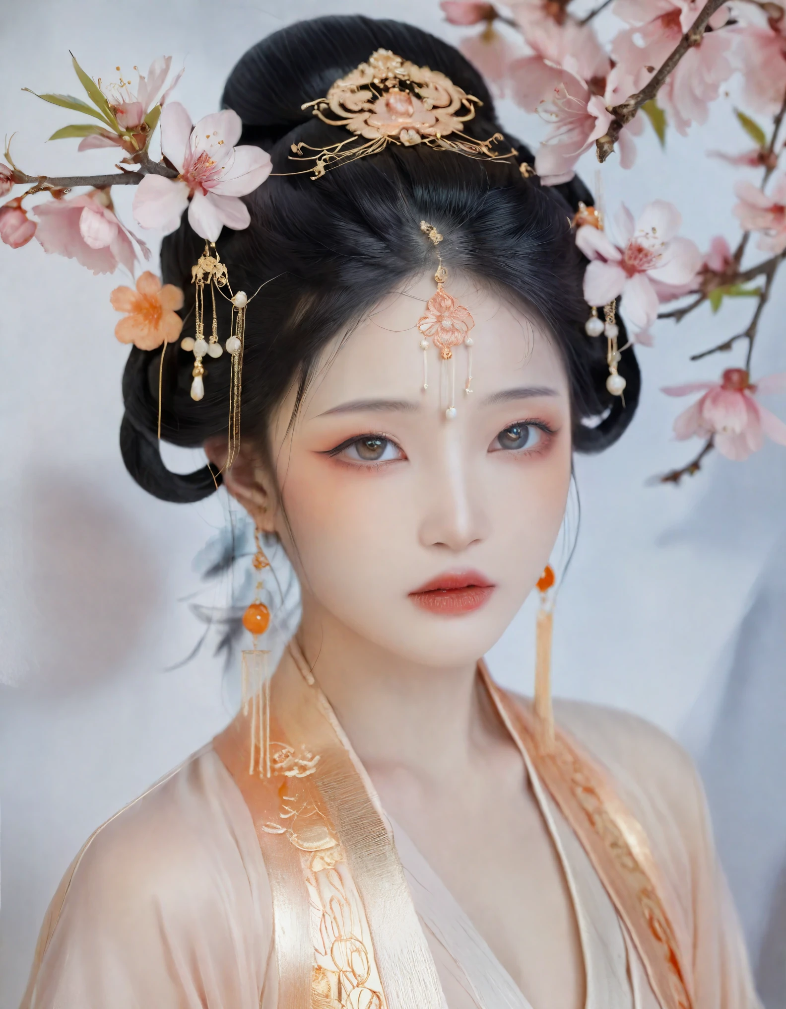 The image portrays an East Asian woman in ancient Chinese attire, radiating an ethereal aura. She wears a peach blossom hairpiece, accentuating her porcelain skin and delicate makeup. Her eyes are expressive, reflecting tranquility. A gentle breeze animates her hair, adding vitality to the portrait. She’s draped in sheer fabric with ornate gold and orange patterns, adorned with exquisite jewelry. The soft lighting and neutral backdrop amplify the narrative, highlighting her grace and feminine charm. This close-up is a testament to cultural legacy, exemplifying the pinnacle of fashion photography.