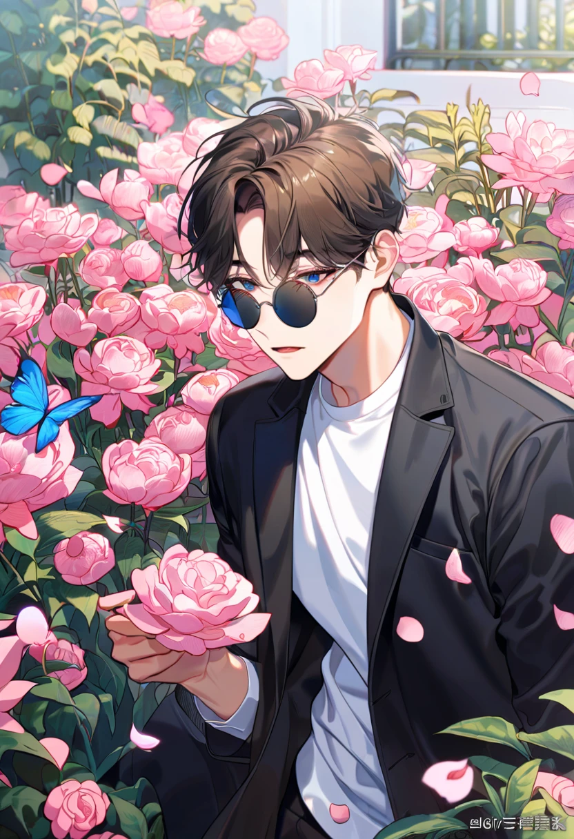 absurdres, highres, ultra detailed, HDR, master piece, best quality, Lim Haegyung, brown messy short hair, expressive blue eyes, round black sunglasses, Love Jinx, 1man, handsome, black coat, white shirt, petals, garden, pink butterflies