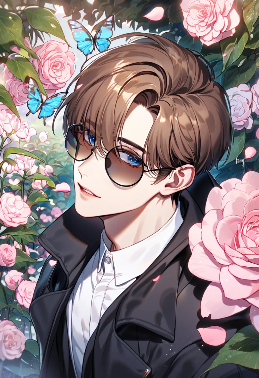 absurdres, highres, ultra detailed, HDR, master piece, best quality, Lim Haegyung, brown messy short hair, expressive blue eyes, round black sunglasses, Love Jinx, 1man, handsome, black coat, white shirt, petals, garden, pink butterflies