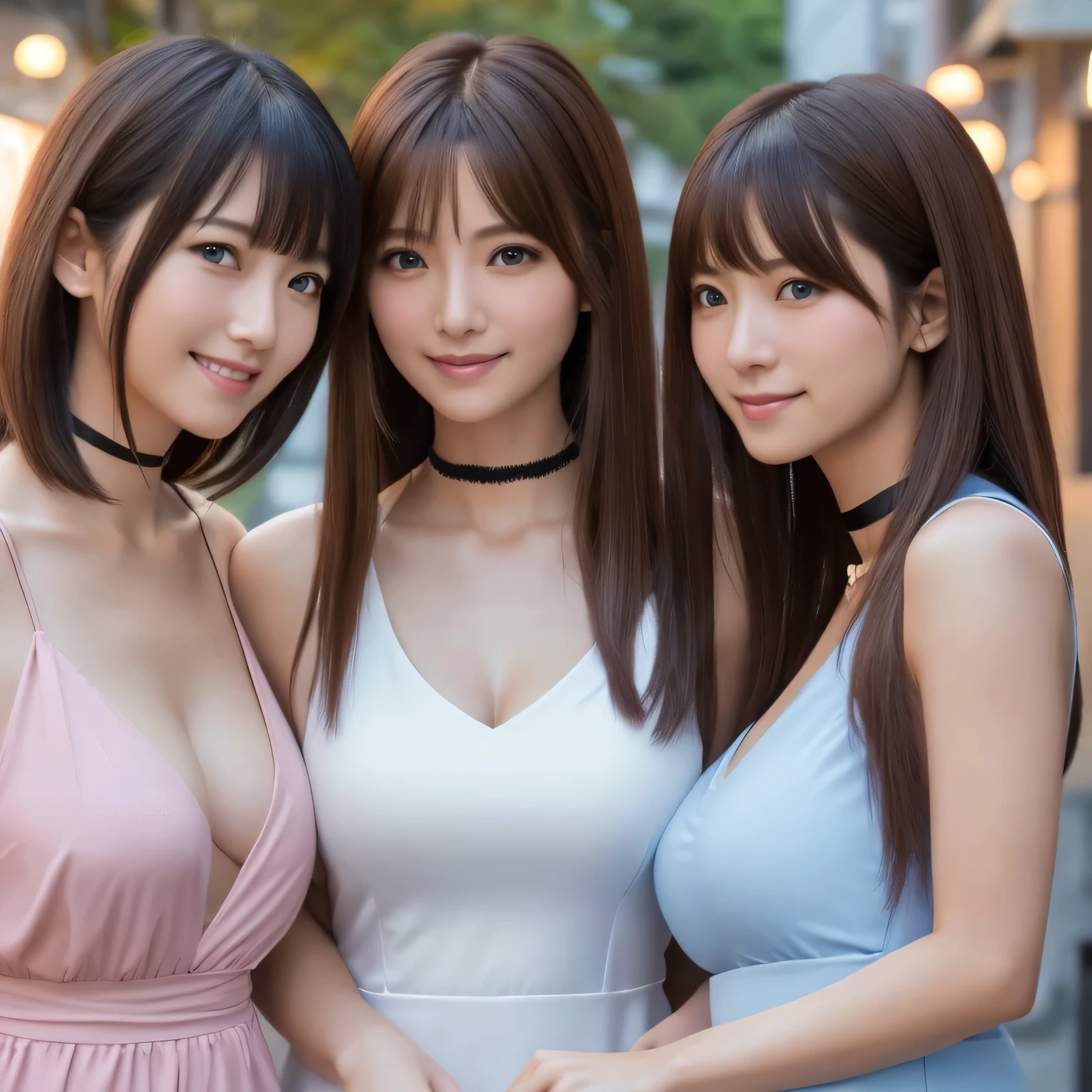 masterpiece, Multiple mature women per photo, Front view, Cute Japanese middle-aged woman, Long Bob Hair, (Light bright pink V-neck mini dress), Very cute face, Glossy Lips, Double eyelids on both eyes, Natural Makeup, (Brown Hair , Long Bob Hair), Asymmetrical bangs, High resolution, Attention to detail, Detailed hairstyle, Detailed face, Cinema Lighting, Octane Rendering, Ultra-realistic, Perfect limbs, Perfect Anatomy, Black Choker, Blue Eyes, Big Breasts, ((Slim body:1.5)), Cool Beauty, Slim face, smile, Cleavage, Fantasy World, Outdoor, ((Straight Long Hair)), Mature sex appeal, ((A group of young Japanese women discussing at a meeting)),Big breast swelling
