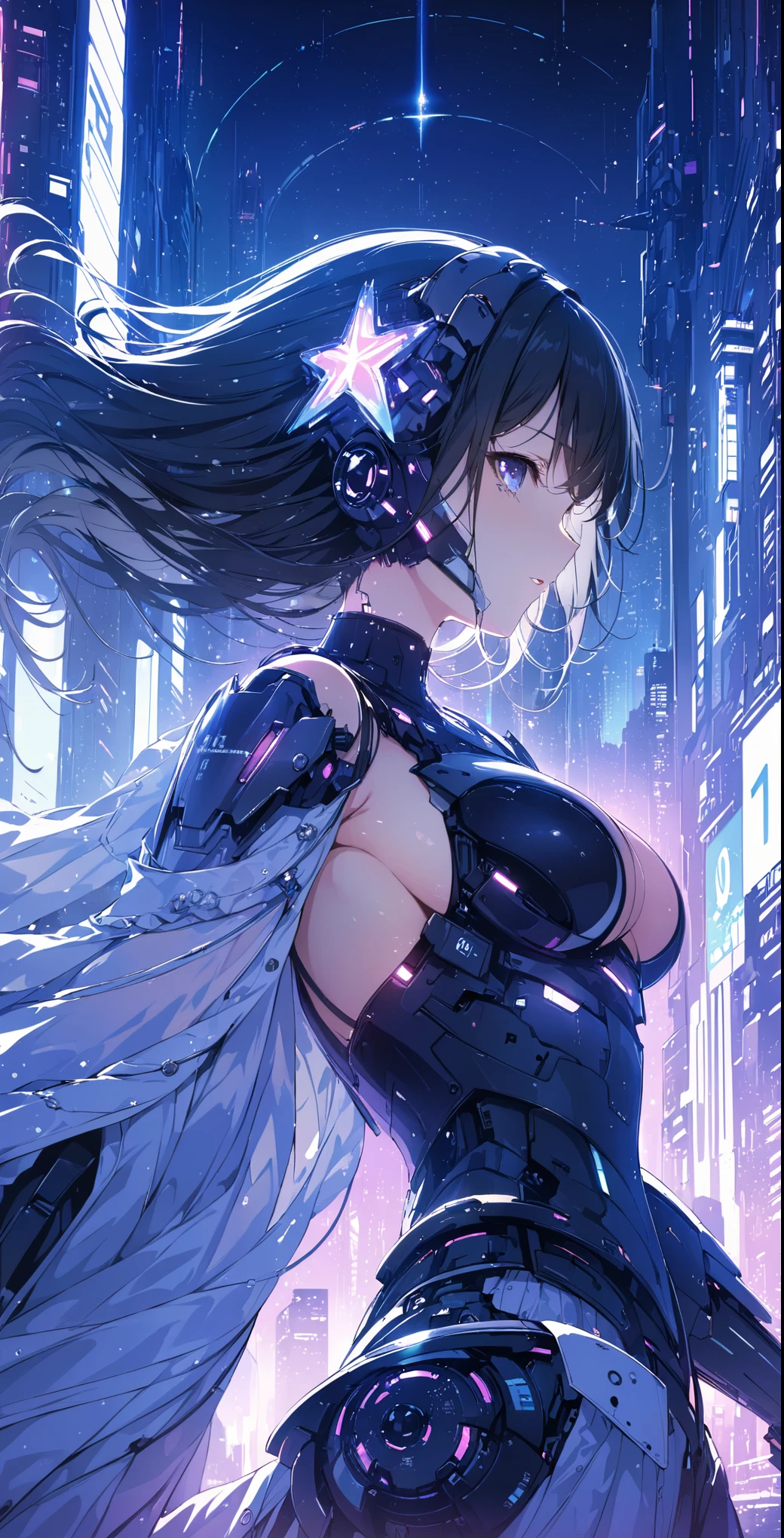 best quality ,masterpiece, number, Very delicate and beautiful, Very detailed ,CG ,Unite ,8k wallpaper, wonderful, Finely, masterpiece,best quality,official art,Very detailed CG Unite 8k wallpaper,Disorganized, incredibly Disorganized, Ultra Detailed, high resolution, Very detailed,Beautiful and meticulous girl,The light shines on your face, 1 girl, Mecha, armor, Mechanical_Body, Black Hair, spacecraft, City, Cyberpunk, Star_Invalid,