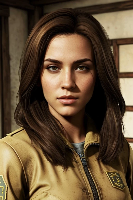 ((mejor calidad)), ((Obra maestra)), (detallado), perfect face Generate an image of a fallout style character with brown hair, ojos marrones, palida y que sea mujer