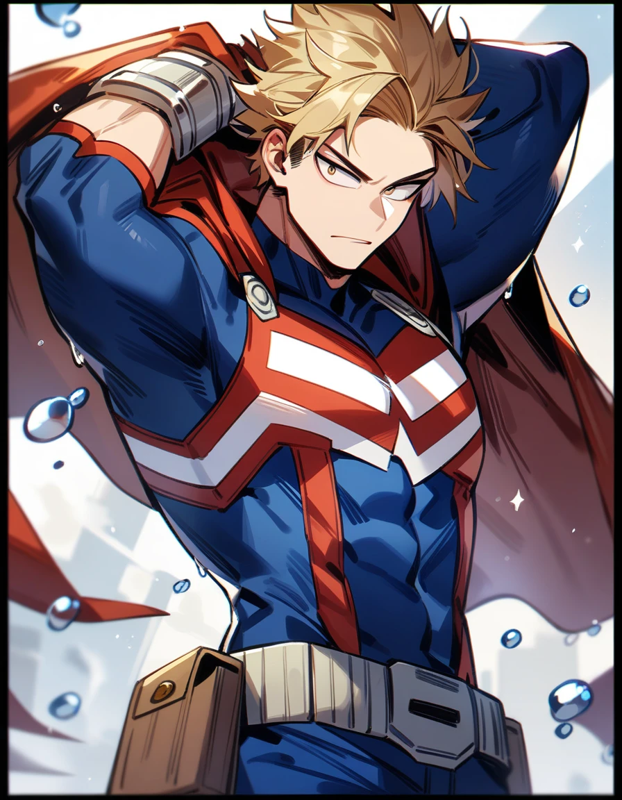 1 boy, male focus, brown and blond hair, boku no hero academia, water quirk, capitan America costume, masterpiece, best quality, very aesthetic, absurd, cape