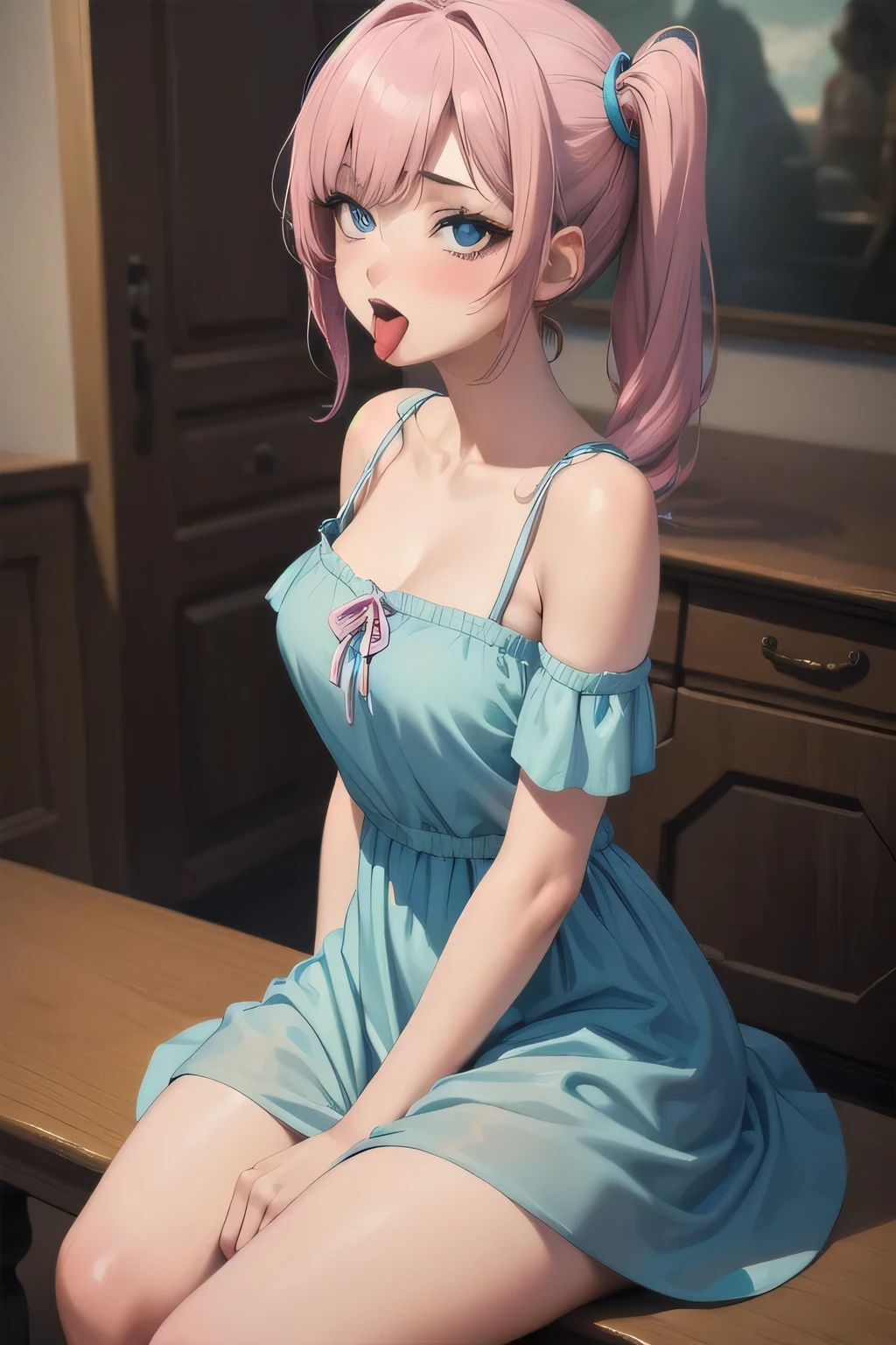 masterpiece, best quality, 1girl, ahegao, pink hair, blue eyes, side ponytail, blue dress, cowboy shot, looking at viewer, front view, tongue out, sitting