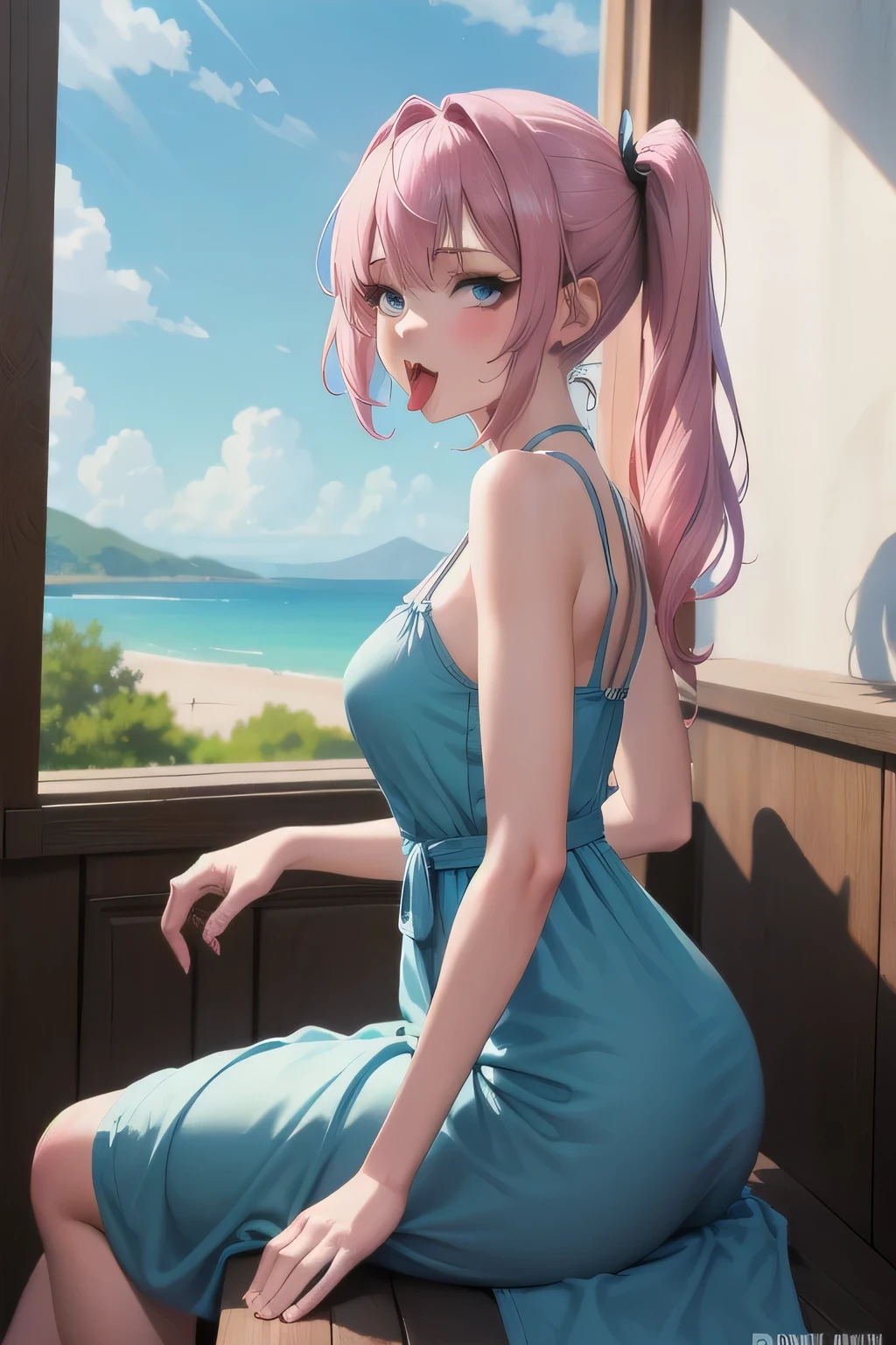 masterpiece, best quality, 1girl, ahegao, pink hair, blue eyes, side ponytail, blue dress, cowboy shot, looking at viewer, front view, tongue out, sitting