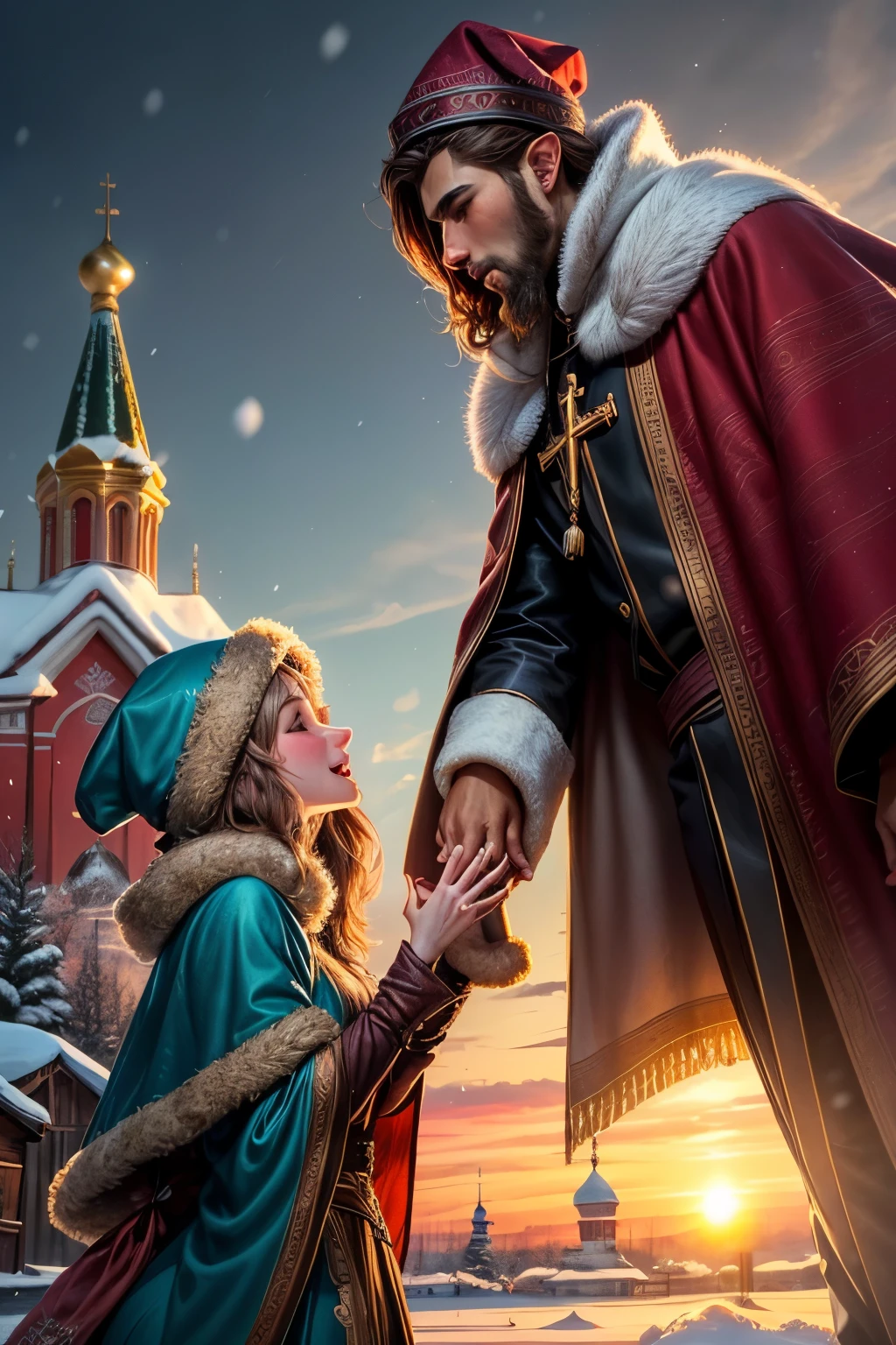 Mystical, fantastical paiting elfin russian girl and handsome light brown skin man with oversized heads and expressive eyes, wearing elegant winter cloaks and fur-trimmed hats, interacting playfully near the simplified silhouette of the Church on Blood in Ekaterinburg. Softly falling snow, vibrant jewel tones, with hints of gold and a rosy sunset.