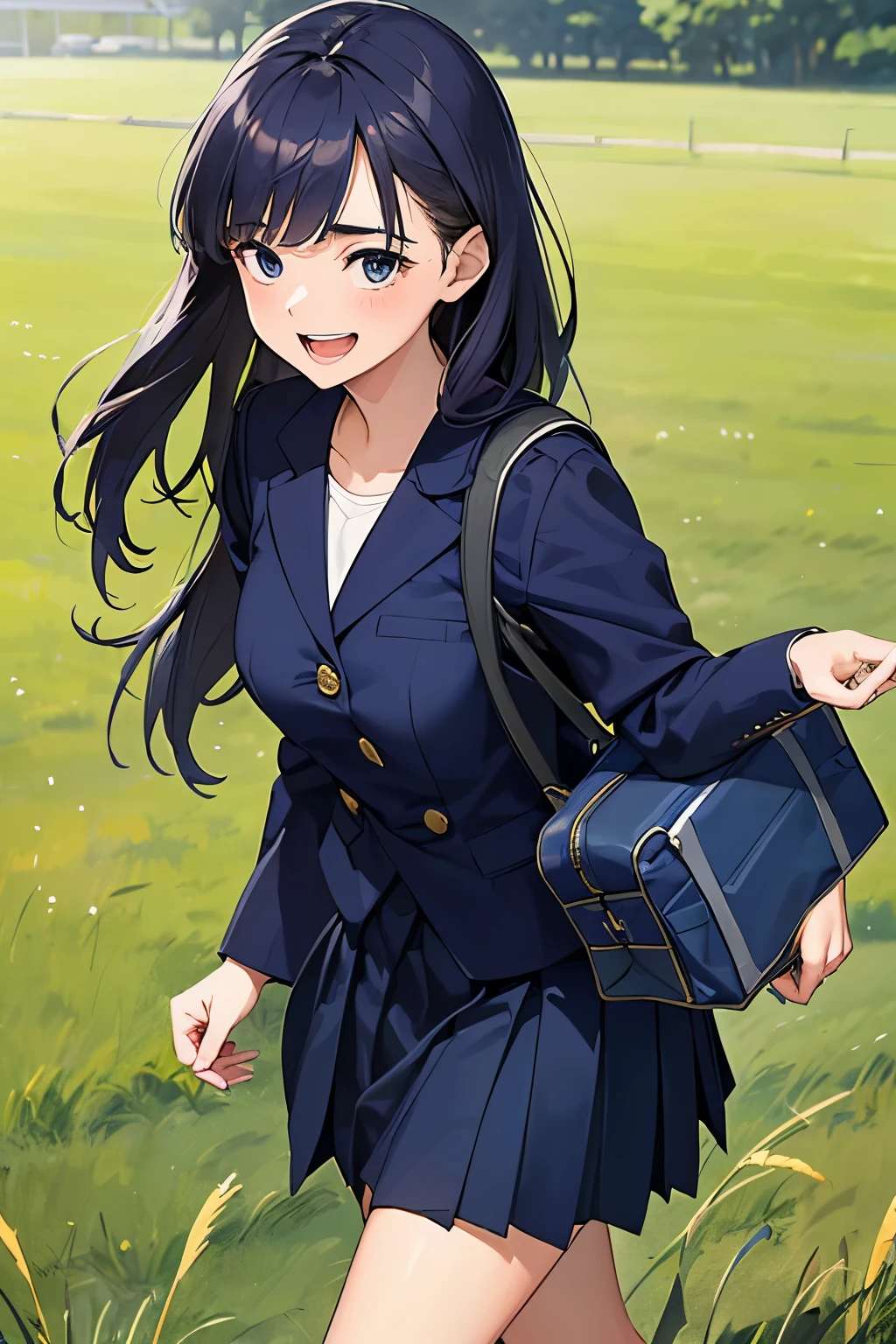 ((best quality)), ((masterpiece)), ((detailed)), (((perfect faces))), (((20yo woman in navy blue suit, skirt))), (((walking))), (((laughing))), (((big wide eyes))), (((grass field))), (((school bag)))