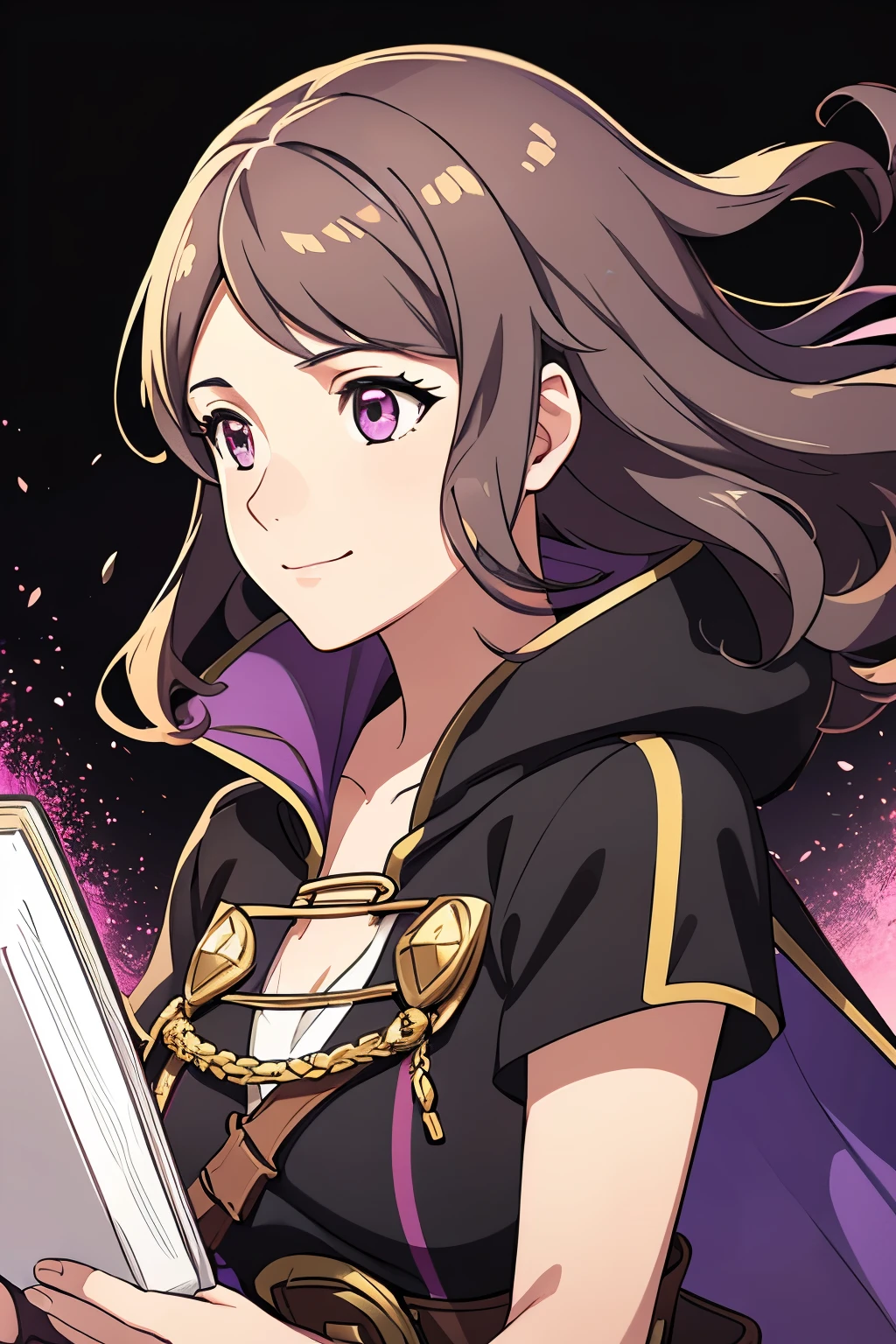 (high-quality, breathtaking),(expressive eyes, perfect face) 1girl, female, solo, portrait, Fire Emblem Awakening, Symmetrical Eyes, black background, Robin (Fire Emblem: Awakening), dark Brown hair color, short hair length, messy wavy hair, hair ornament, upper body, pink eyes, Black and purple cloak, gold trim, black shirt, brown belt, grimoire, cute smile, detailed eyes, adorable face, short height, Grima, holding book, female robin (fire emblem)
