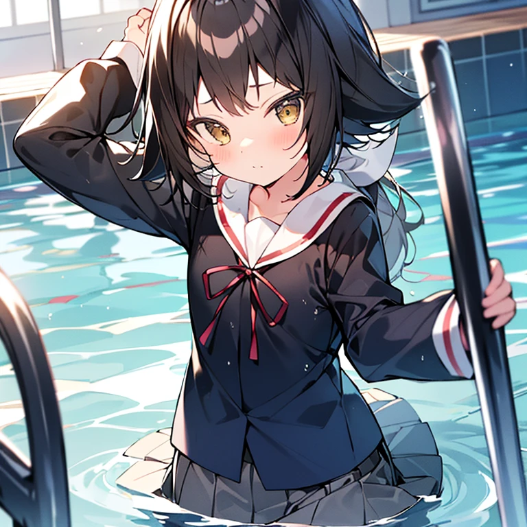 1 girl、mashiromitsumine, mashiro mitsumine, (Brown eyes:1.5), Brown Hair, ponytail, (Flat Chest:1.2), break grey skirt, Long sleeve, neck ribbon, (red ribbon), ribbon, Sailor collar, skirt, white Sailor collar, (Blue Shirt:1.5), break looking at viewer, (whole body), break indoors, School swimming pool, (Lots of water)、Wet、Wet服、(((skirtを引っ張る)))、skirtが水面に広がります、(Completely flooded)、(whole bodyが水に浸かる)、(((Transparent pool)))、swim、break (masterpiece:1.2), highest quality, High resolution, unity 8k wallpaper, (shape:0.8), Highly detailed face, Perfect lighting, Highly detailed CG、(Panty flashing)、(skirt全開)、(ロングワイドskirt)、cute、blush、Watery eye