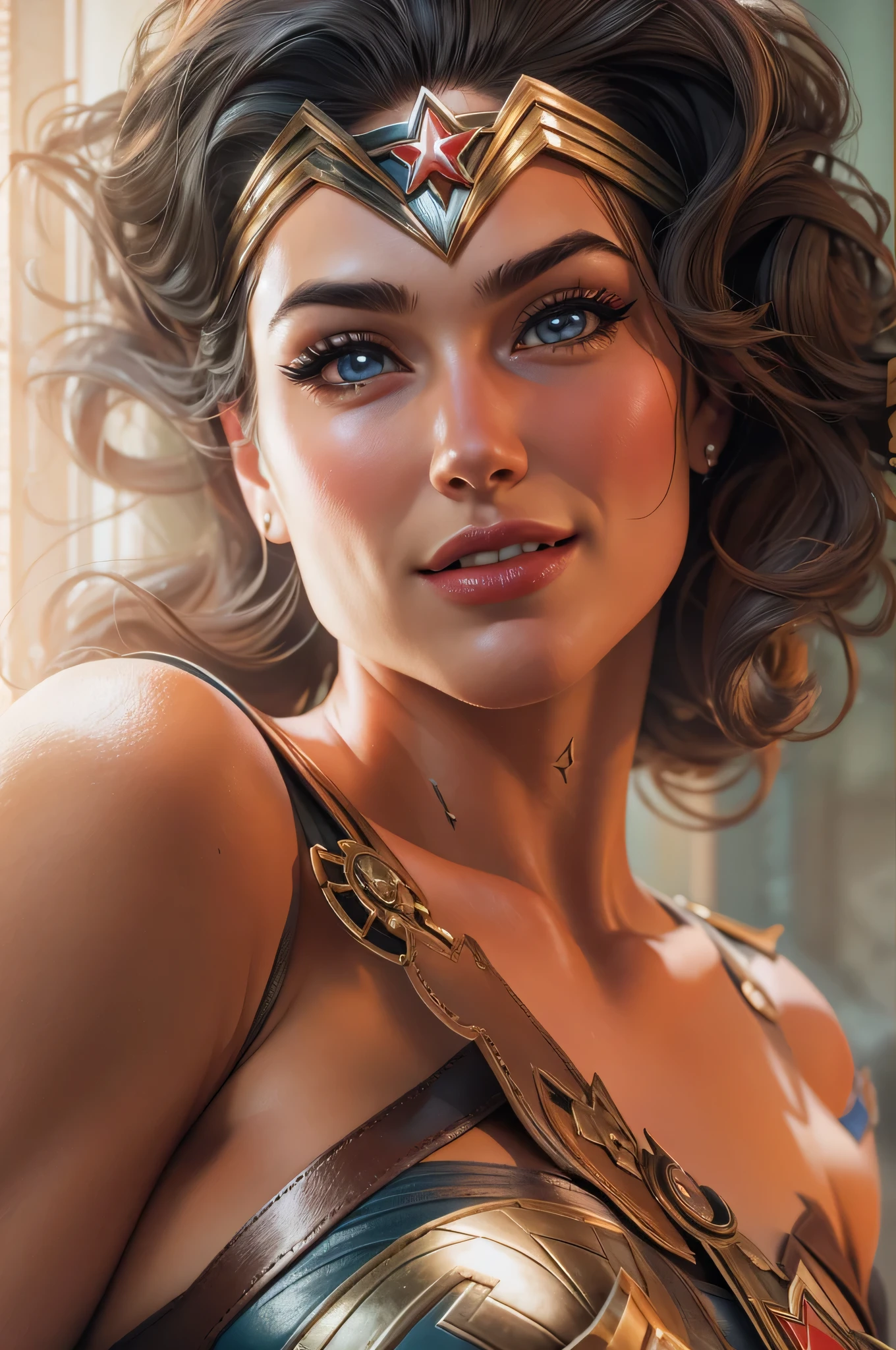 a woman with large breasts and curvy figure, detailed facial features, beautiful eyes, elegant dress, sunlit outdoor scene, photorealistic, highly detailed, cinematic lighting, vibrant colors, dramatic composition, intricate details, masterpiece