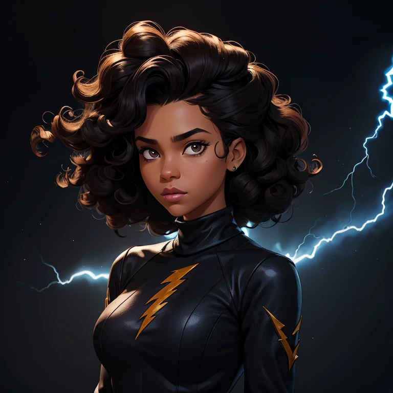 ((Black free fire game style female character)), ((arafed woman))((African-American Asian)), ((With black curly hair tied up with some loose strands)), ((And a black long-sleeved blouse purchased turtleneck written Girl)),((She is facing the camera looking to the side, black background and blue lightning))Garota negra, with hair that is curly and appears to be quite voluminous.The natural style of the curls suggests that the hair has a texture that retains the shape of the curls well. Dark brown eyes black image background with blue lightning without much chest