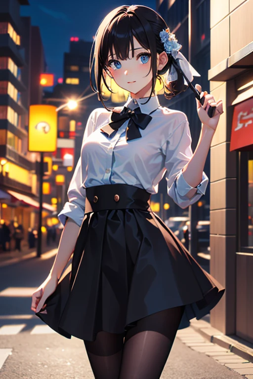 masterpiece, highest quality, One Girl, Thighs, beautiful girl, Flowers, Lots of small petals, Small waist,  Large Breasts、RAWphotograph,Hands are precise、Face Light, Dynamic Lighting, Ultra-realistic, High resolution, photograph, Sharp focus, Highly detailed eyes and face,Symmetrical face、Lightweight cardigan、White shirt、Tight Skirt、pantyhose、Holding a bat、Batter