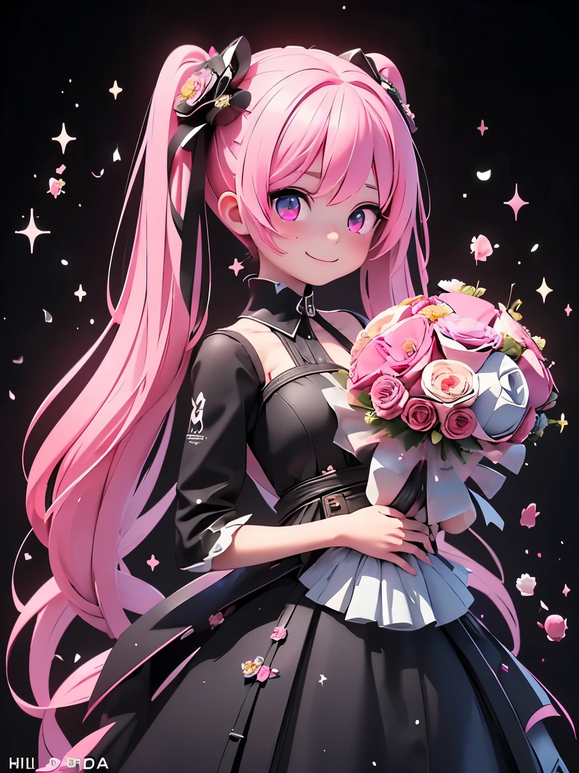 (masterpiece、highest quality、highest quality、Official Art、Beautiful and beautiful:1.2)、(One girl:1.3)Hatsune Miku、Twin tails,Big Breasts,Steampunk Style:2.Equipment、Steam engine、(hand over a bouquet:2)((Tabletop))),((Ultra-detailed,highest quality, High resolution)), (1 girl)((Pink Hair, Long Hair,Straight hair,Both sides up)) (Green Eyes),eye shadow, Eyeliner,Glow Eyes, Ultra-detailed目, Complex eyes, Beautiful Eyes, ((Shining pink eyes))18-year-old girl、Frills.smile .Hourglass background、Big hourglass.((High contrast RGB effect, LED Effect, Kaleidoscope effect, Glowing effect, Ripple effects, Glitter RGB Effect)) (Black background: 1.5)Laughter