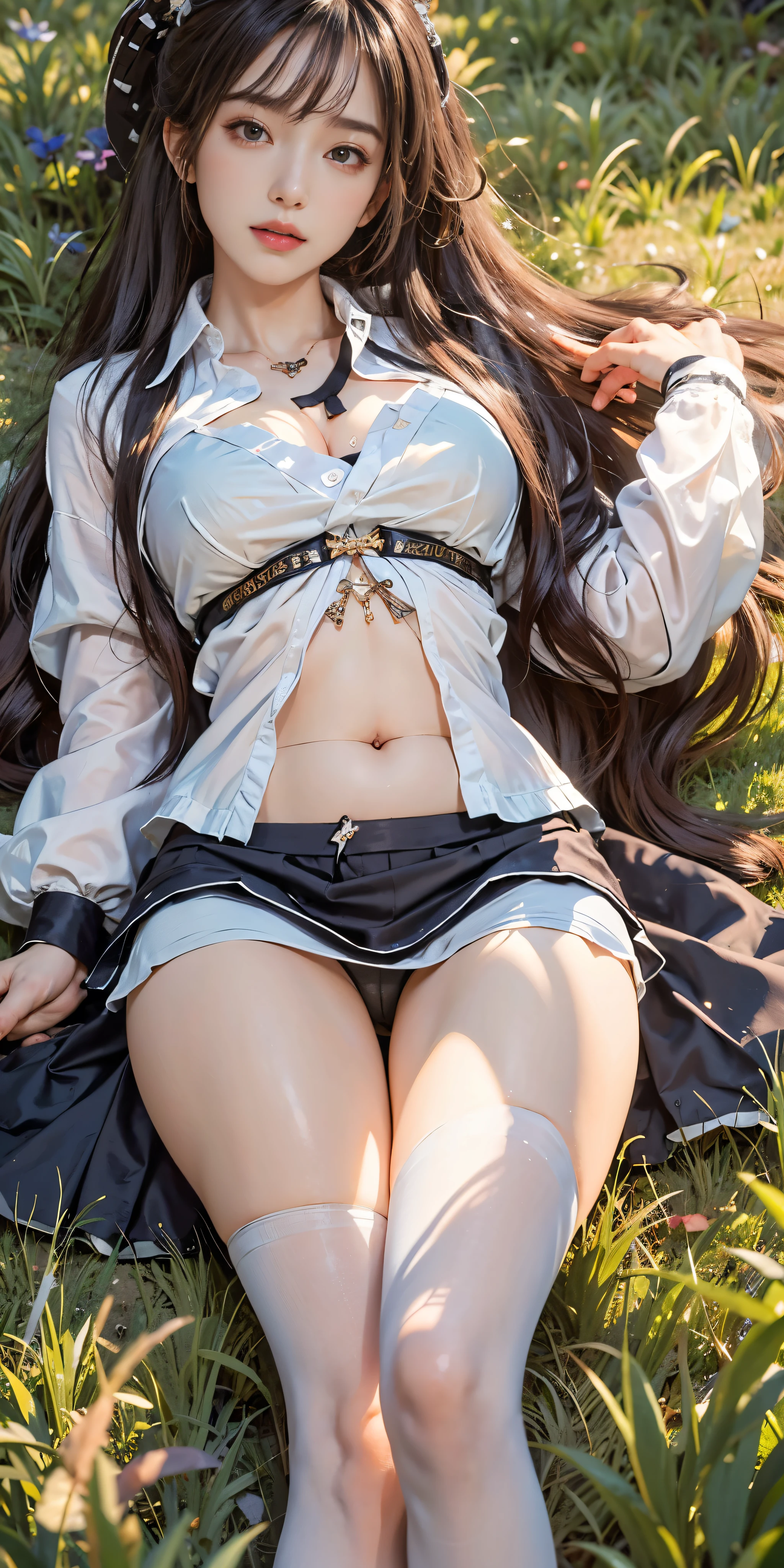 (((masterpiece))), (((highest quality))), ((Very detailed)),Realistic, High resolution, Soft Light,1 Female, alone, Hip Up, Displaying the viewer, (Detailed face), Long Hair, Lying on the grass, View from below, Showing panties, See panties, secretary_uniform, Black Skirt, pantyhose, tattoo, jewelry