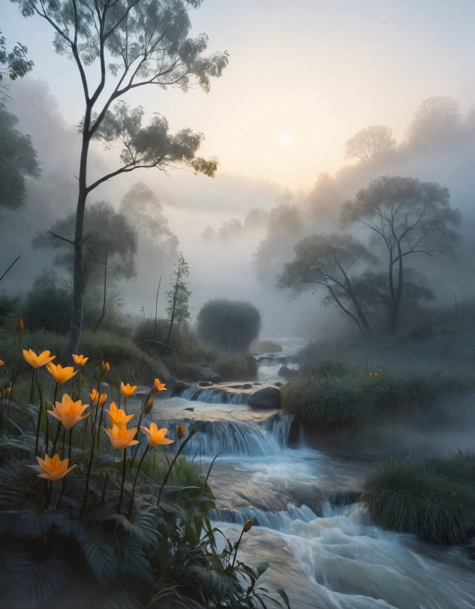 Create an image for an extremely detailed CG Unity 8K wallpaper, capturing the tranquil essence of early morning. The scene is set amidst a dense, misty fog that envelops the landscape, creating a mystical and ethereal atmosphere. The fog exhibits the Tyndall effect, scattering light and adding a dreamlike quality to the scenery. A majestic river, flanked by trees, and a small waterfall are highlighted through the fog, their beauty enhanced by the soft, diffused light of dawn. This serene and otherworldly setting is maintained with award-winning photography standards, focusing on Chromatic Aberration, HDR, and Bloom effects. The artistic style blends the influences of Monet, Pissarro, and Sisley, resulting in a captivating and unique composition that resonates with modern and classic aesthetics. This artwork, showcasing the creative brilliance of a midjourney artist, is poised to be well-received on platforms like ArtStation and CGSociety.