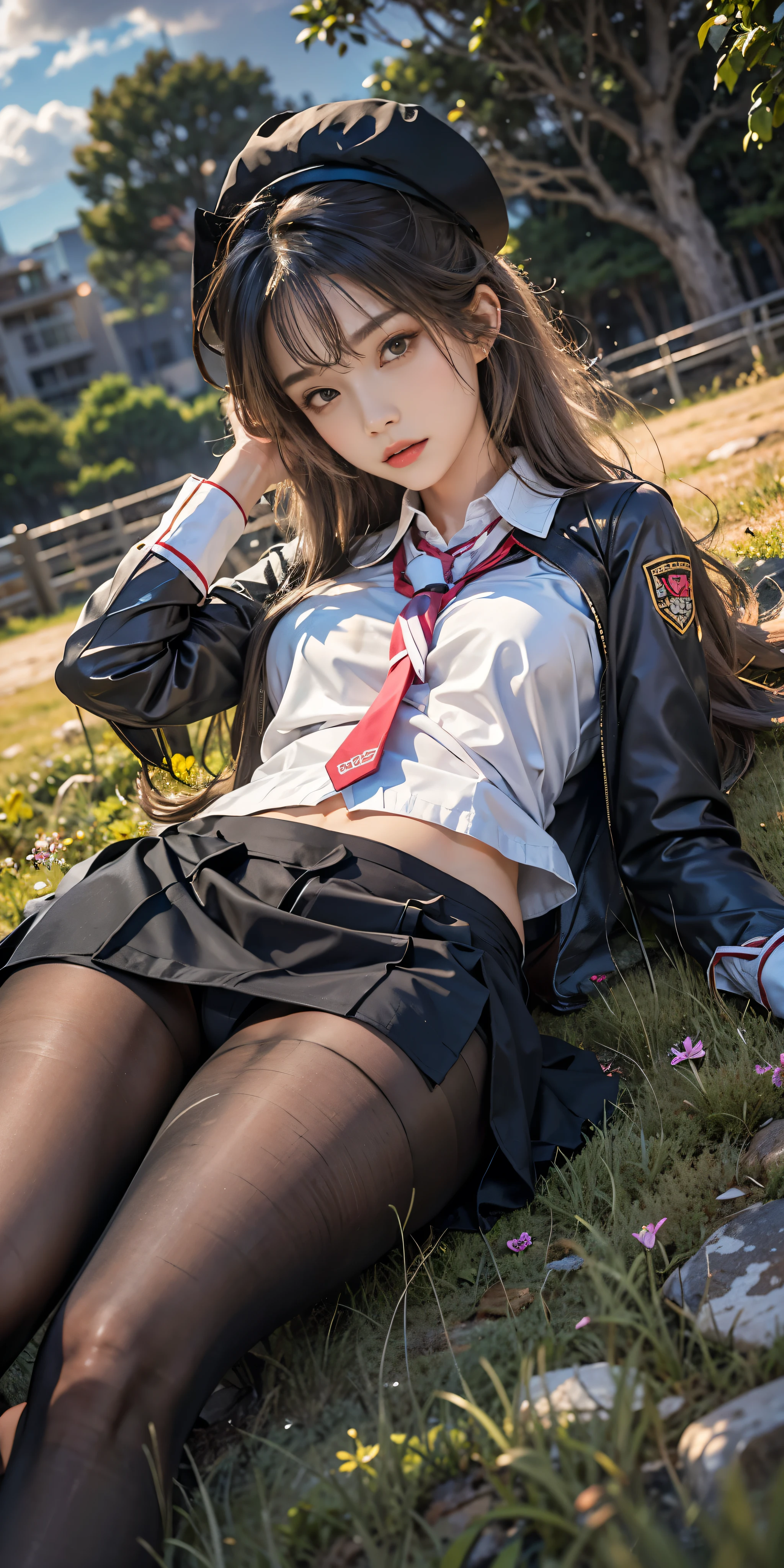 Realistic, High resolution, Soft Light,1 Female, alone, Hip Up, Displaying the viewer, (Detailed face), Long Hair, Lying on the grass, View from below, Showing panties, See panties, secretary_uniform, Black Skirt, pantyhose, tattoo, jewelry