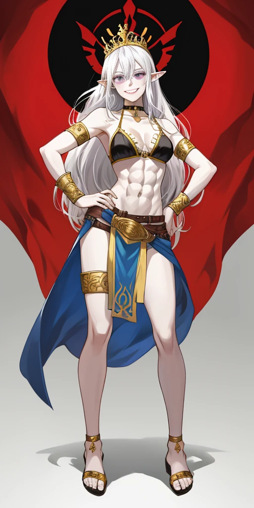 ((1girl)) full body, standing, grey skin, drow, elf, mature, detailed happy face, purple eyes, white hair, black bikini, abs, big knockers, golden chain collar, stomach tattoo (red tattoo), whole body. 1solo (girl). slave fighter, loincloth standing, hands on hips, metal sandals, choker, big belt, view from below, feet together, bracers, tiara