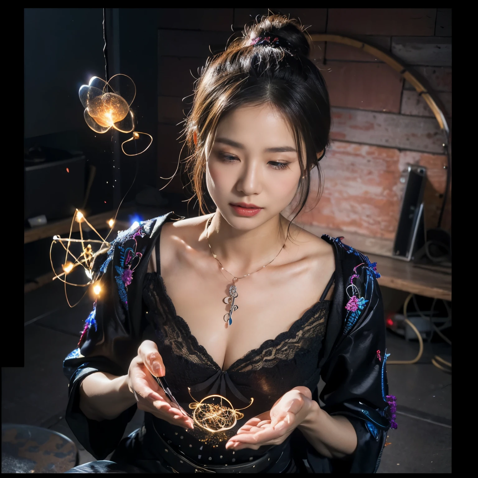 一人のlikeく非常に美しい女性、Beautiful Face、Ideal proportions、Big Breasts(Big Breasts:1.1)、Powerful sorceress、Legendary magician、like々Beautiful appearance、SF、Fantasy、A fusion of advanced technology and magic、Future and Tradition、Stylish clothing that combines tradition and innovation、(Cast powerful spells and enchantments:1.37)、 (highest quality、4k、8k、High resolution、masterpiece:1.2)、Super detailed、(Real、Photorealistic、Photorealistic:1.37)、HDR、UHD、Professional Lighting、Bright colors、Sharp focus、Breathtaking scenic backdrop、Magical Aura、Glowing energy、Captivating Sparks、Swirling particles、High-tech magic wand、Glowing Rune、Intense visual effects、Otherworldly atmosphere、Ethereal beauty,tooimage