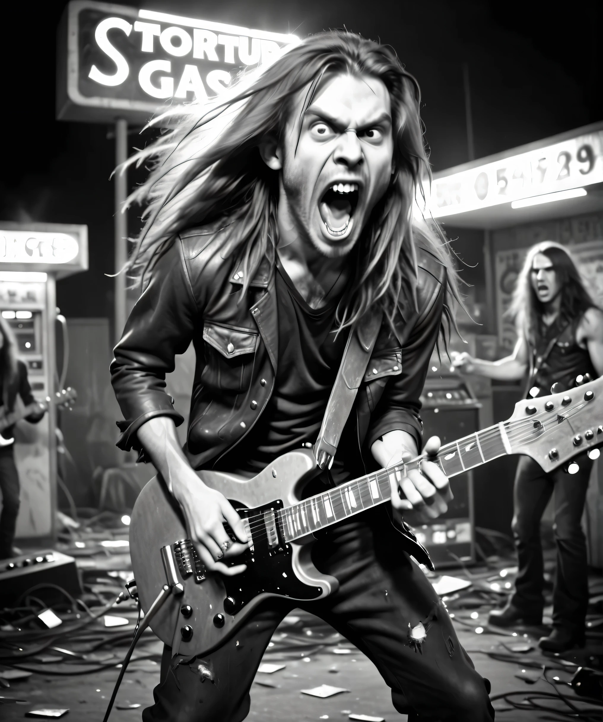 monochrome, A young rocker with long hair, loose hair shouting and pointing forward, making faces and playing guitar on a crowded stage with flashing strobe lights near an abandoned horror-themed gas station, strange, disturbing, Dark, scary, suspense, grim, Highly detailed