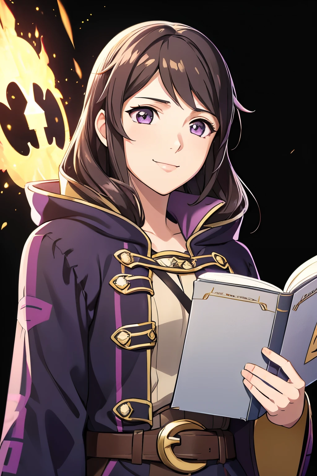 (high-quality, breathtaking),(expressive eyes, perfect face) 1girl, female, solo, portrait, Fire Emblem Awakening, Symmetrical Eyes, black background, Robin (Fire Emblem: Awakening), dark Brown hair color, short hair length, messy wavy hair, hair ornament, upper body, pink eyes, Black and purple cloak, gold trim, black shirt, brown belt, tomb, cute smile, detailed eyes, adorable face, short height, Grima, holding book, female robin (fire emblem)
