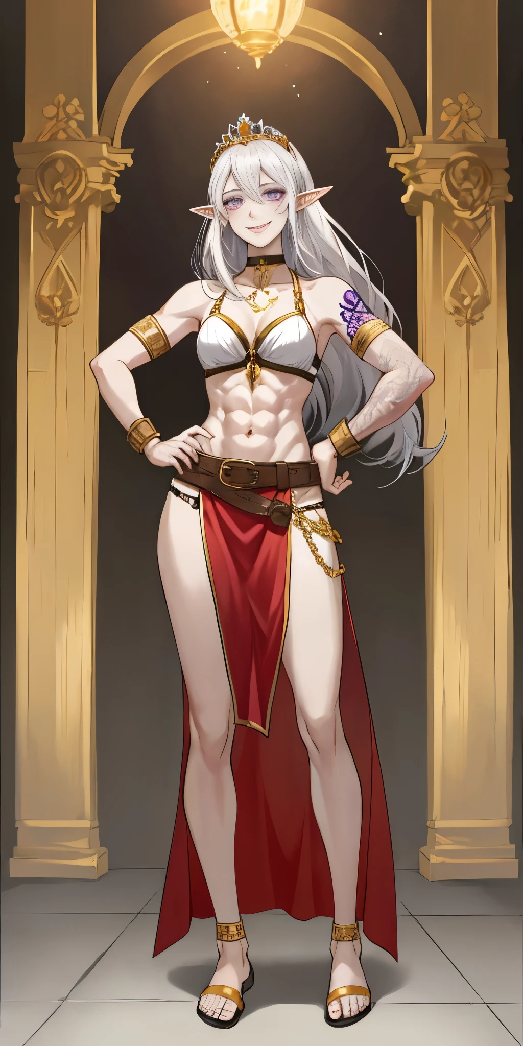Appearance
Gender: Female
Age: Mature
Race: Drow (elf with dark skin and white hair)
Height: Full-body
Skin: Gray
Skin: Gray
Background: Plain Gray
Eyes: Purple
Attire: Bikini, revealing abdominal muscles
Accessories: Large earrings, ragged rags, chain necklace