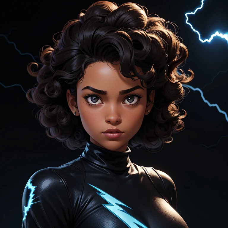 ((Black free fire game style female character)), ((arafed woman))((African-American Asian)), ((With black curly hair tied up with some loose strands)), ((And a black long-sleeved blouse purchased turtleneck written Girl)),((She is facing the camera looking to the side, black background and blue lightning))Garota negra de 14 anos, with hair that is curly and appears to be quite voluminous.The natural style of the curls suggests that the hair has a texture that retains the shape of the curls well. Dark brown eyes black image background with blue lightning