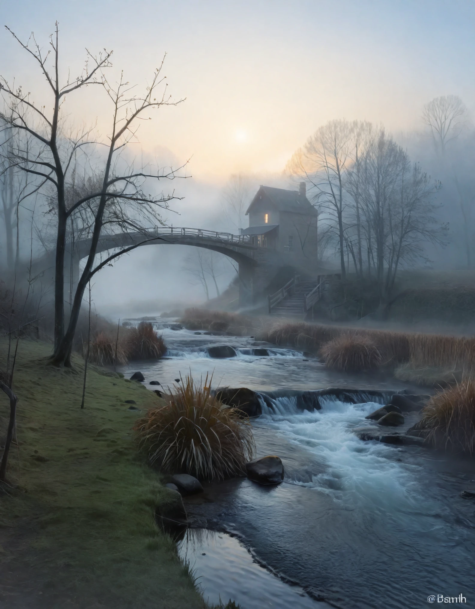 Create an image for an extremely detailed CG Unity 8K wallpaper, capturing the tranquil essence of early morning. The scene is set amidst a dense, misty fog that envelops the landscape, creating a mystical and ethereal atmosphere. The fog exhibits the Tyndall effect, scattering light and adding a dreamlike quality to the scenery. A majestic river, flanked by trees, and a small waterfall are highlighted through the fog, their beauty enhanced by the soft, diffused light of dawn. This serene and otherworldly setting is maintained with award-winning photography standards, focusing on Chromatic Aberration, HDR, and Bloom effects. The artistic style blends the influences of Monet, Pissarro, and Sisley, resulting in a captivating and unique composition that resonates with modern and classic aesthetics. This artwork, showcasing the creative brilliance of a midjourney artist, is poised to be well-received on platforms like ArtStation and CGSociety.