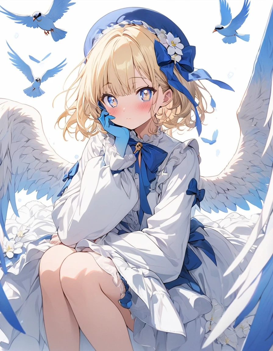 One girl, Blonde, White Background, Have, dress, Blue footwear, wing, Simple Background, sign, flower, Wide sleeves, Long sleeve, blush, animal, white flower, alone, whole body, bird, View your viewers, High heels, Put your hand on your cheek, put your hand on your face, Frills, bow, bangs, ribbon, Bell, Blue hat, +_+, shoes, short hair, Grey Eyes, shoes, Blue Claws, feathered wing, blue bow、(highest quality、masterpiece、High resolution、detailed)、anime style、Flat Style、(Beautiful Eyes, Delicate and beautiful face),  BREAK,extremely detailed、anime