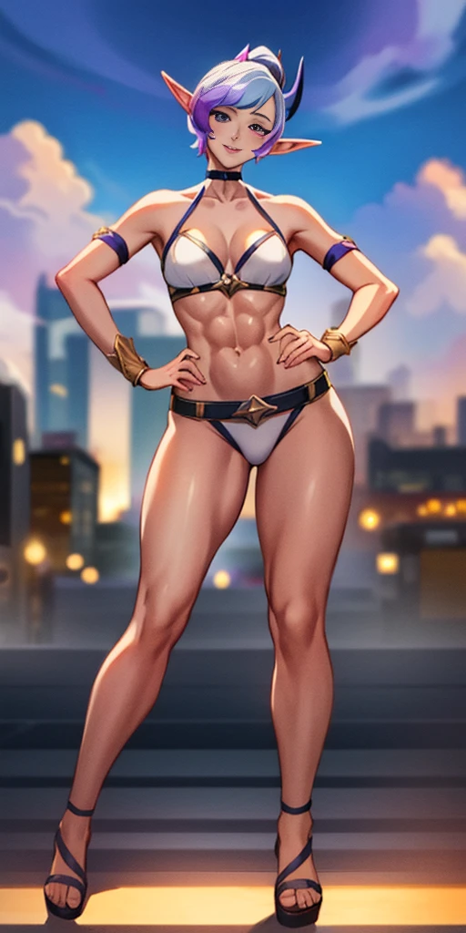 ((1girl)) full body, standing, grey skin, drow, elf, mature, detailed happy face, purple eyes, white hair, black bikini, abs, big knockers, golden chain collar, stomach tattoo (red tattoo), whole body. 1solo (girl). slave fighter, loincloth standing, hands on hips, metal sandals, choker, big belt, view from below, feet together, bracers, tiara (star guardian Orianna)