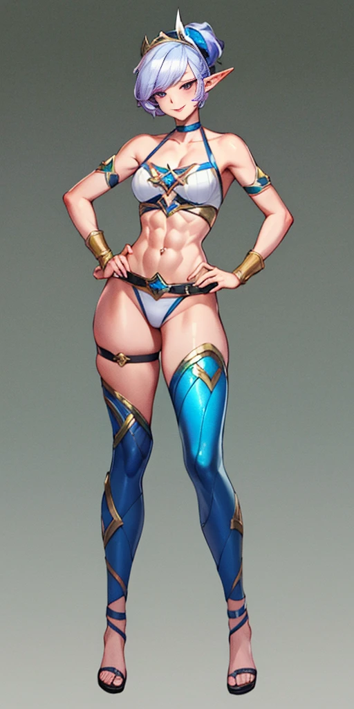 ((1girl)) full body, standing, grey skin, drow, elf, mature, detailed happy face, purple eyes, white hair, black bikini, abs, big knockers, golden chain collar, stomach tattoo (red tattoo), whole body. 1solo (girl). slave fighter, loincloth standing, hands on hips, metal sandals, choker, big belt, view from below, feet together, bracers, tiara (star guardian Orianna)