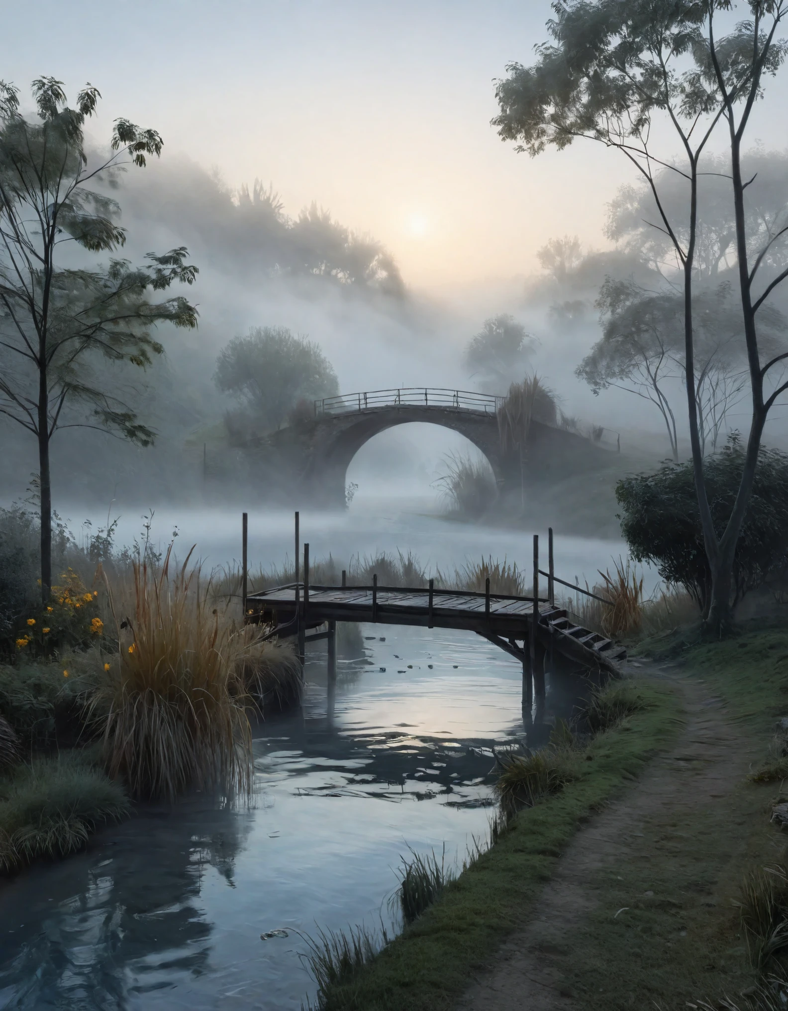 Create an image for an extremely detailed CG Unity 8K wallpaper, capturing the tranquil essence of early morning. The scene is set amidst a dense, misty fog that envelops the landscape, creating a mystical and ethereal atmosphere. The fog exhibits the Tyndall effect, scattering light and adding a dreamlike quality to the scenery. A majestic river, flanked by trees, and a small waterfall are highlighted through the fog, their beauty enhanced by the soft, diffused light of dawn. This serene and otherworldly setting is maintained with award-winning photography standards, focusing on Chromatic Aberration, HDR, and Bloom effects. The artistic style blends the influences of Monet, Pissarro, and Sisley, resulting in a captivating and unique composition that resonates with modern and classic aesthetics. This artwork, showcasing the creative brilliance of a midjourney artist, is poised to be well-received on platforms like ArtStation and CGSociety.