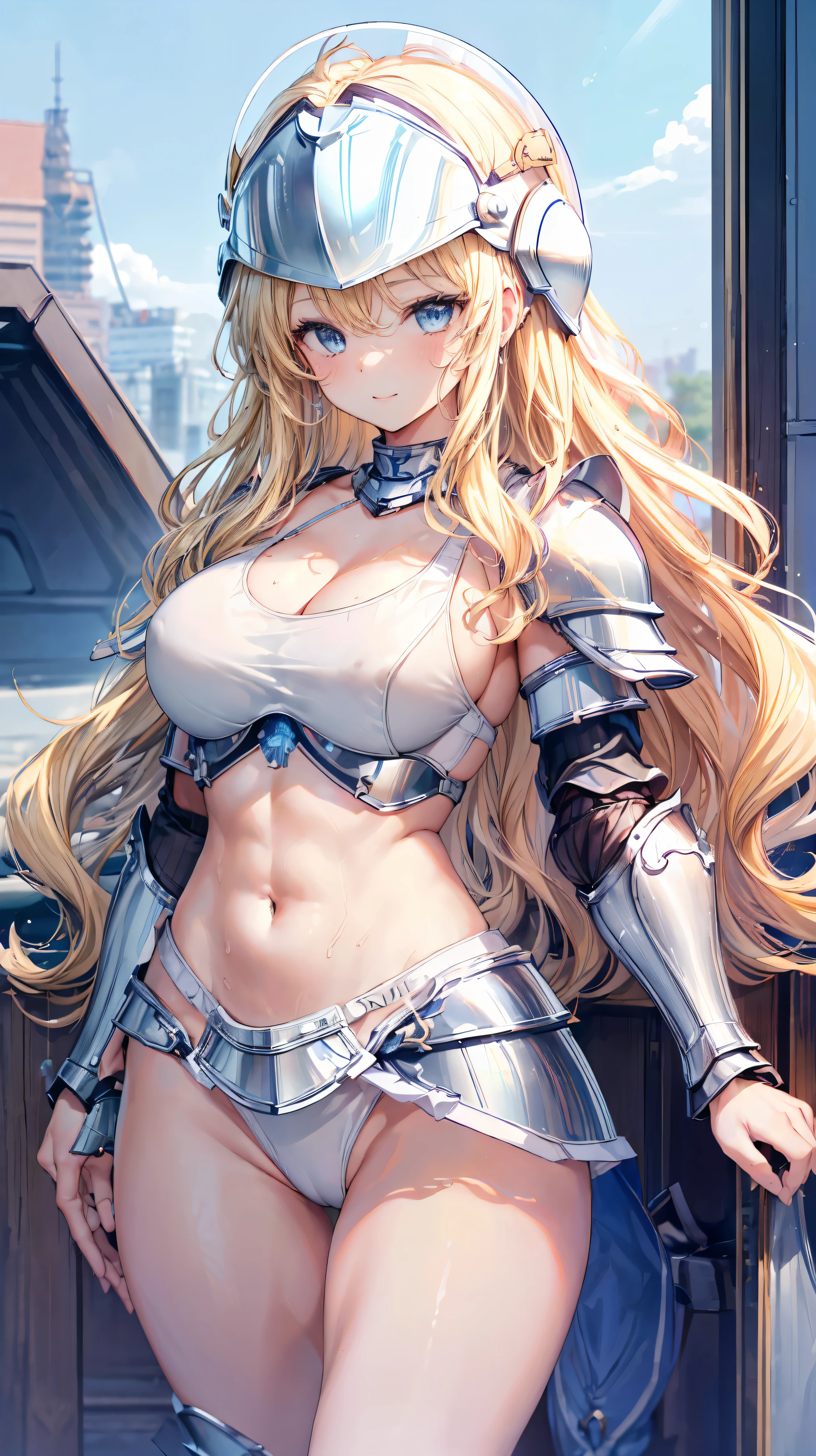 (Adult women:1.5)、Very detailed、highest quality、Best image quality、masterpiece、8k、Anime Face、A kind smile、Open your mouth、Sparkling blue eyes、(Blonde Wavy Hair:1.5)、、Muscles of the whole body、camisole、Thigh belt、mini skirt、(Wearing white bikini armor:1.5)、(Cowboy Shot:1.5)、(Leg armor:1.5)、(Wearing a helmet:1.5)