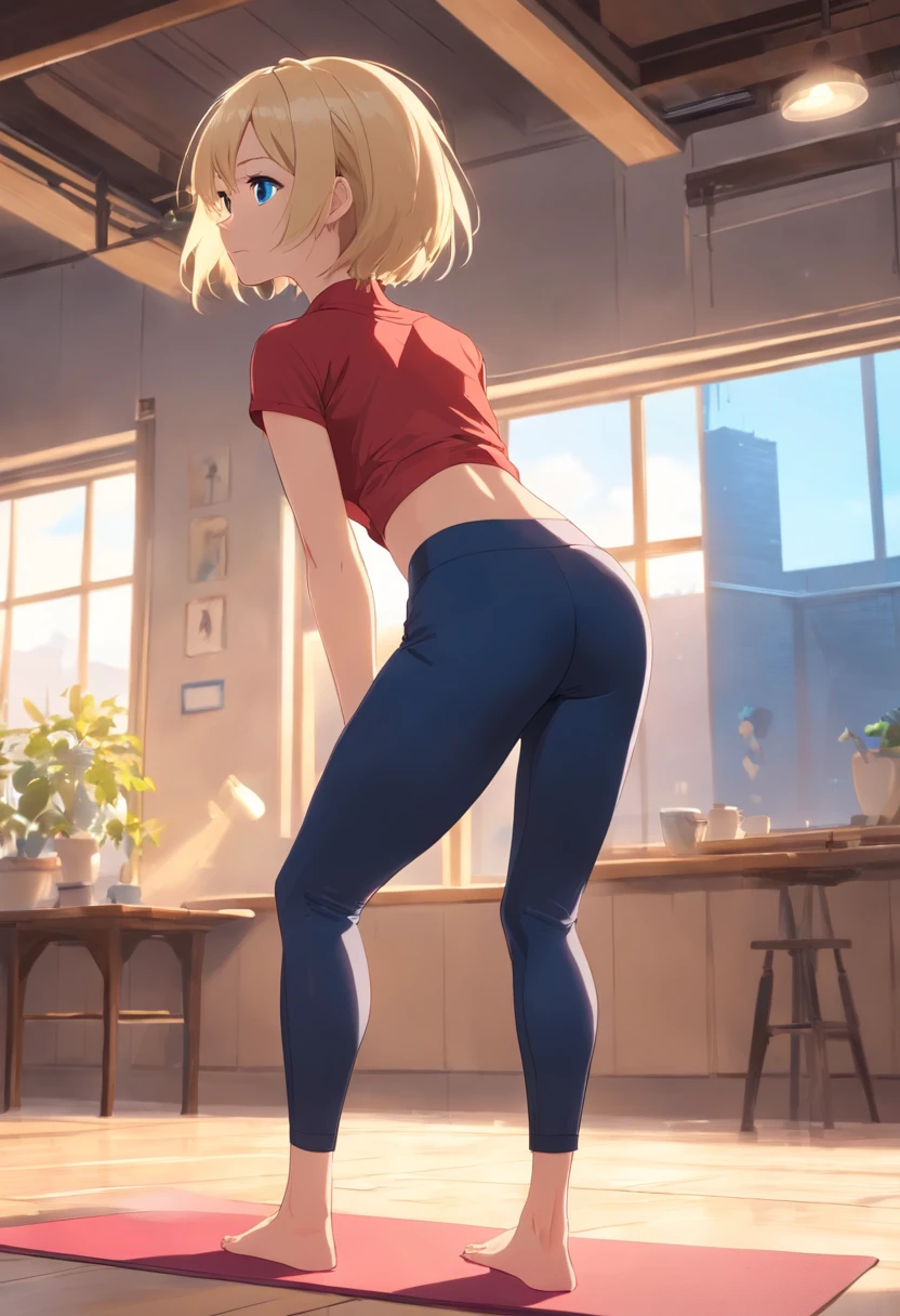 Women, ((Blonde)), ((Blue eyes)), ((Short hair)), ((Full Body)), doing a yoga pose dressed in black leggings and red top, looking back, wide shot