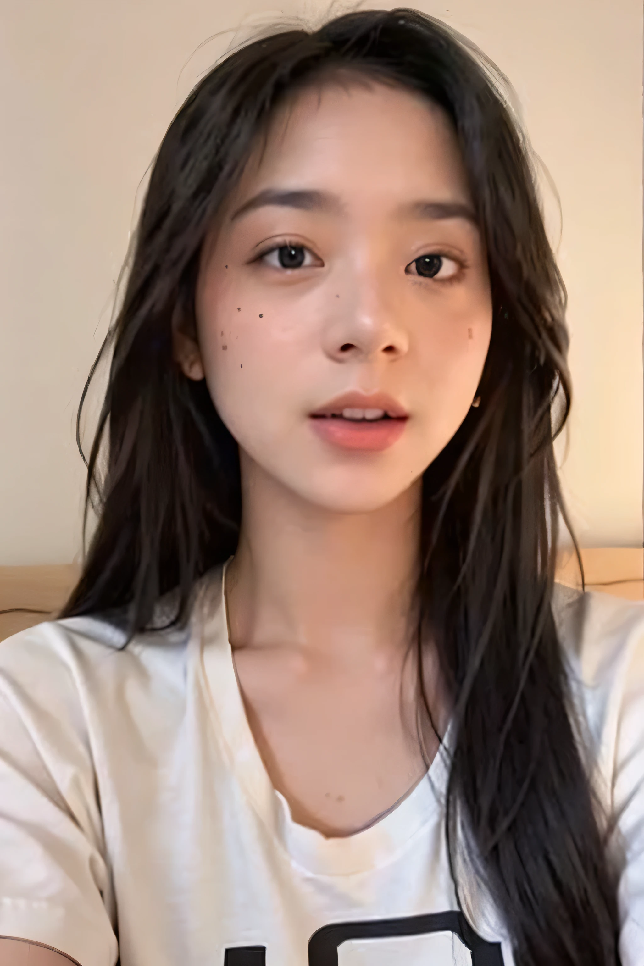 1girl, idol, close-up, collarbone, ,, photo, film, depth of field, skin texture, t-shirt, rubber band, topknot, long hair, messy hair, freckles,