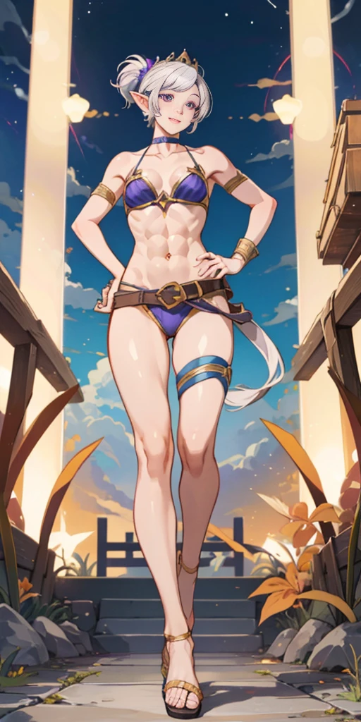 ((1girl)) full body, standing, grey skin, drow, elf, mature, detailed happy face, purple eyes, white hair, black bikini, abs, big knockers, golden chain collar, stomach tattoo (red tattoo), whole body. 1solo (girl). slave fighter, loincloth standing, hands on hips, metal sandals, choker, big belt, view from below, feet together, bracers, tiara (star guardian Orianna)