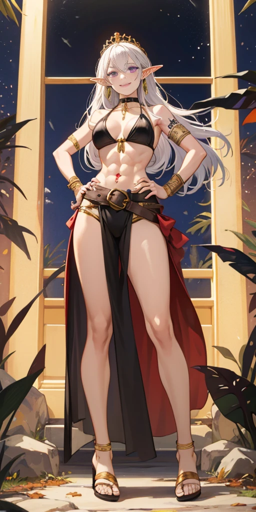 ((1girl)) full body, standing, grey skin, drow, elf, mature, detailed happy face, purple eyes, white hair, black bikini, abs, big knockers, golden chain collar, stomach tattoo (red tattoo), whole body. 1solo (girl). slave fighter, loincloth standing, hands on hips, metal sandals, choker, big belt, view from below, feet together, bracers, tiara