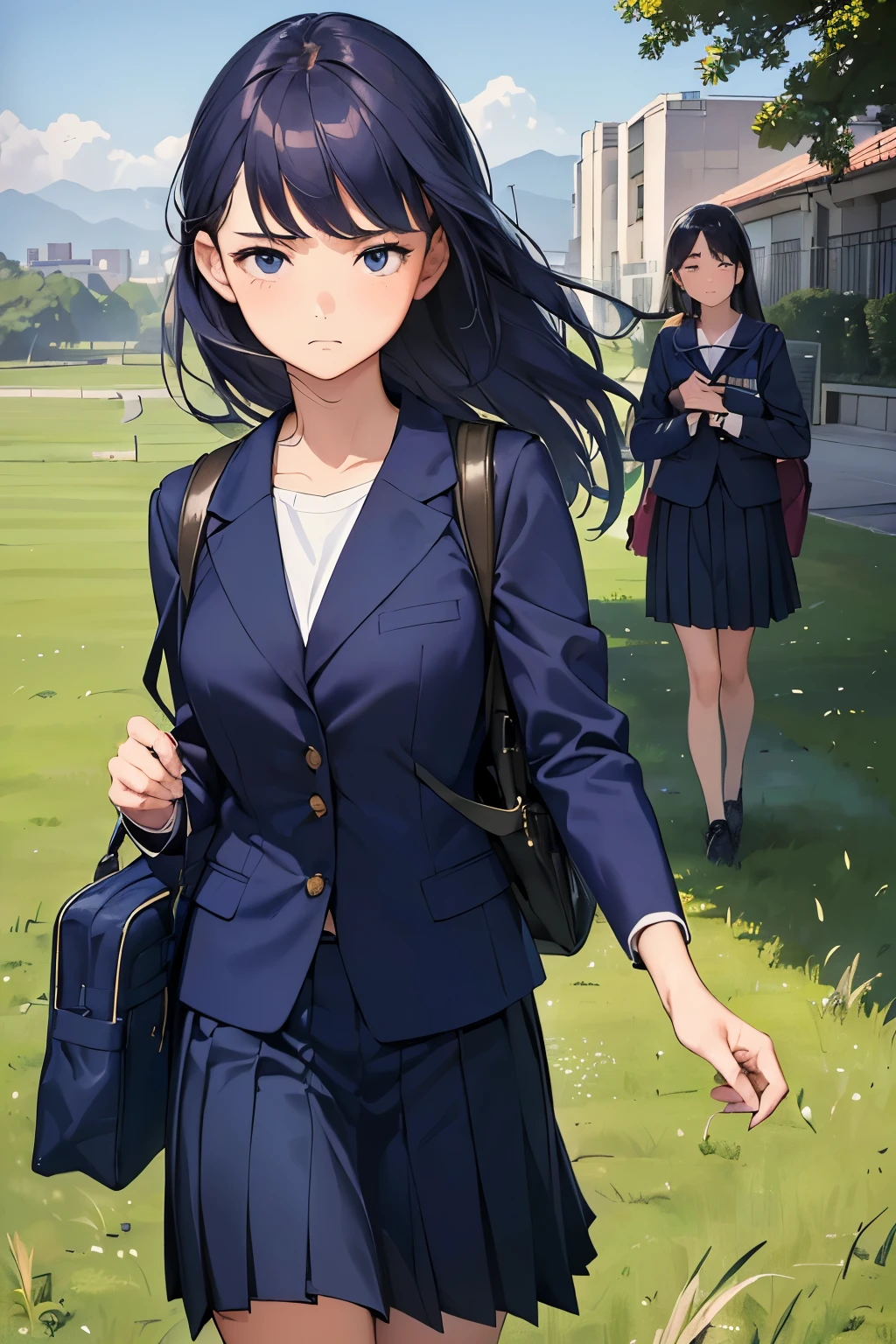 ((best quality)), ((masterpiece)), ((detailed)), (((perfect faces))), (((18yo girl in navy blue suit, skirt))), (((walking))), (((sad))), (((grass field))), (((school bag)))