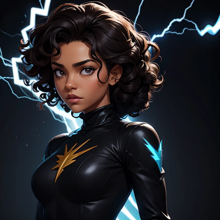 ((Black free fire game style female character)), ((arafed woman))((African-American Asian)), ((With black curly hair tied up with some loose strands)), ((And a black long-sleeved blouse purchased turtleneck written Girl)),((She is facing the camera looking to the side, black background and blue lightning))Garota negra, with hair that is curly and appears to be quite voluminous.The natural style of the curls suggests that the hair has a texture that retains the shape of the curls well. Dark brown eyes black image background with blue lightning