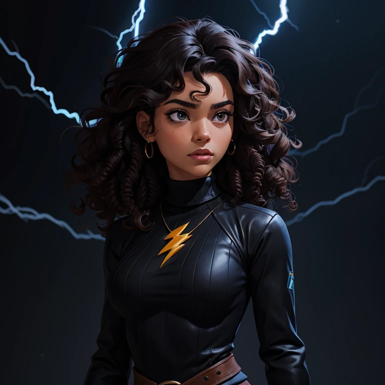 ((Black free fire game style female character)), ((arafed woman))((African-American Asian)), ((With black curly hair tied up with some loose strands)), ((And a black long-sleeved blouse purchased turtleneck written Girl)),((She is facing the camera looking to the side, black background and blue lightning))Garota negra, with hair that is curly and appears to be quite voluminous.The natural style of the curls suggests that the hair has a texture that retains the shape of the curls well. Dark brown eyes black image background with blue lightning