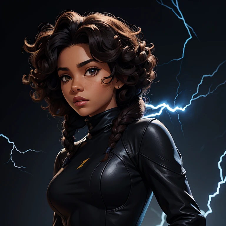 ((Black free fire game style female character)), ((arafed woman))((African-American Asian)), ((With black curly hair tied up with some loose strands)), ((And a black long-sleeved blouse purchased turtleneck written Girl)),((She is facing the camera looking to the side, black background and blue lightning))Garota negra, with hair that is curly and appears to be quite voluminous.The natural style of the curls suggests that the hair has a texture that retains the shape of the curls well. Dark brown eyes black image background with blue lightning