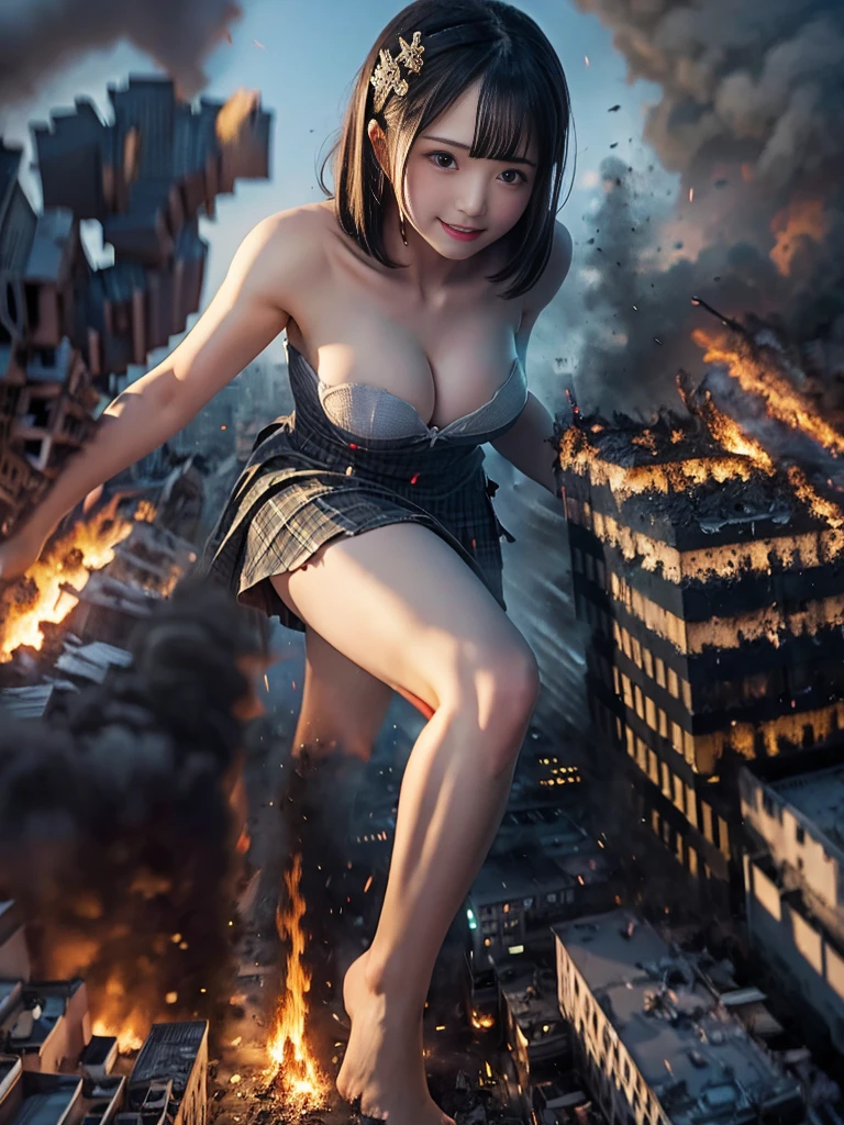 (High resolution、high resolution、High quality、Accurate body structure、Detailed body)Towering、attack of 800ft woman,Giantess attacks the city、Cute Women、Destroy a small town淫乱な女性、Destroy a small town、Mischievous look、high school girl、、shirt、skirt、Glowing Skin、Giant Woman、smile、Trampling buildings、rubble、Burning small town、Destroyed small buildings、Residents fleeing、sunset、Burning small town、Advance、walk、Trampling、Anatomically correct、Accurate human body、Accurate skeleton、Full body portrait、Bob Hair、Black Hair、Red eyes、足元に散らばるrubble、Taller than a skyscraper、Great impact、Epic、Giantess Elements、Draw a woman in a big way、Increase the destructive element