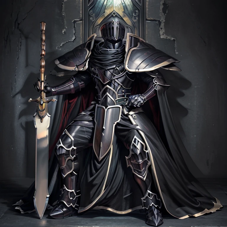 (masterpiece, best quality, detailed:1.2)
BlackKnight_fe,
Armor, Cape, Helmet, Sword, shield,
The cloak is black color,
polished armor,
armor is shiny,


castle,
Heroic pose,
sitting on the throne,
whole body shines like metal.
has a huge sword and shield.

wearing a dark bodysuit underneath, 
black bodysuit,