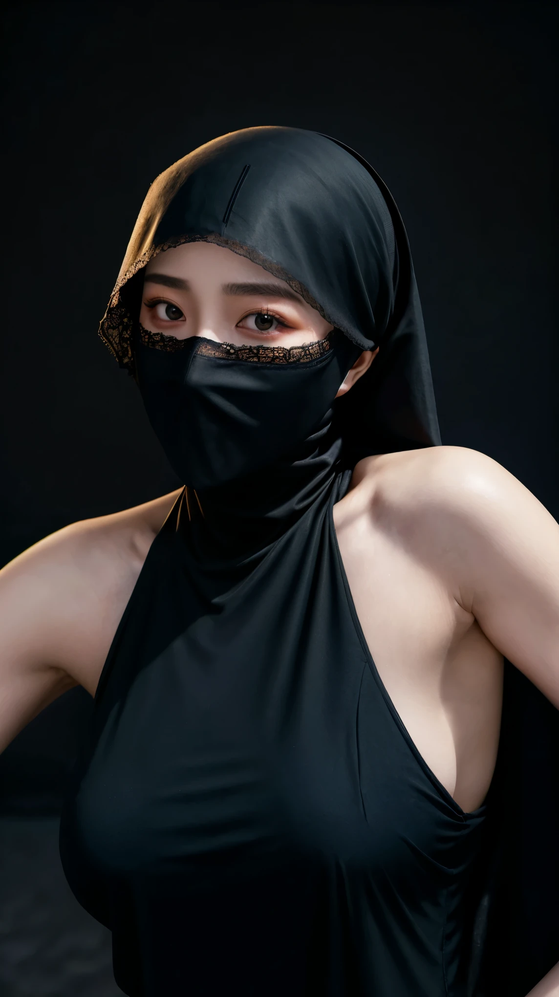 Beautiful Japanese , 18 Years Old Woman , Wearing Black Hijab Muslim Dress , ((Black Niqab)) , She Have Beautiful Black Retina , Colossal Breasts , Big Chest , ((Sleeveless)) , Lace , Glow Makeup , ((Muscles)) , Whiten Skin , Sexy Look , Dramatic Photography , Blue Coloured , 8K , High-Res