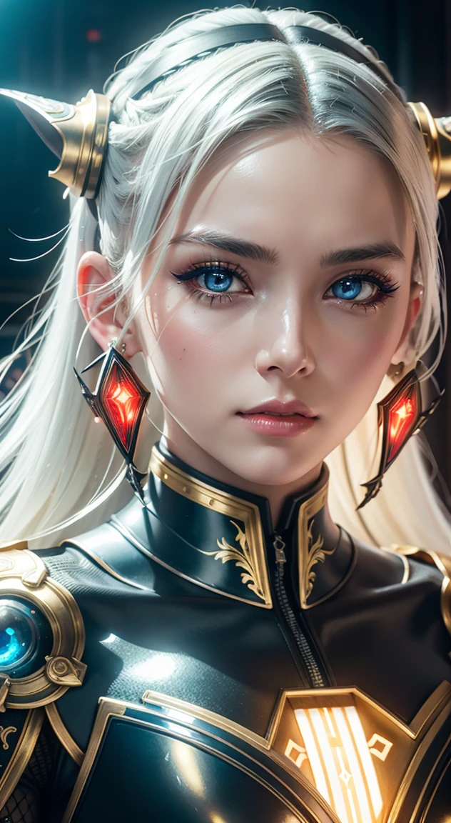 Portrait of a beautiful girl with wavy white hair, wearing a formal black dress with metal parts, red eyes, monograms in the background, digital painting, dark colors, 8k, complex details, vintage, retro futuristic style, sharp focus on the center, pastel colors, art station, (sci-fi, future, future theme), (facial expression looking with disdain), (detailed illustration), Portrait photo of android of woman in the middle of 20s Japan made of white and silver clear glass and plastic, geisha make up, Black hairstyle, Silver and gold metal internal body mechanism, Dynamic Pose, Flow organic structure, Detailed engraving, Lacework Design, A sparkling golden circuit, Colorful neon trim, Detailed enbest quality, masterpiece, (realistic:1.2), 1 girl, random hair color, random vampire eyes color, bright skin, beautiful skin, red color lip, Front, detailed face, beautiful eyes, wear golden black mechanical Superman suit, Transparent, Sexy, best quality, masterpiece, (realistic:1.2), 1 girl, detailed face, beautiful eyes, [(Transparent background:1.5)::5], (((masterpiece))), (((best quality))),(((extremely detailed))), illustration, 1girl, solo, mysterious, multi-color eyes, detailed eyes, hyper detailed, light smile, highly detailed, beautiful, small details, ultra detailed, best quality, intricate, 4k, 8k, trending on art station, good anatomy, beautiful lighting,graving, Lacework Design, Light emitting circuit, neon trim, Art by H.r. giger, Greg Rutowski, 