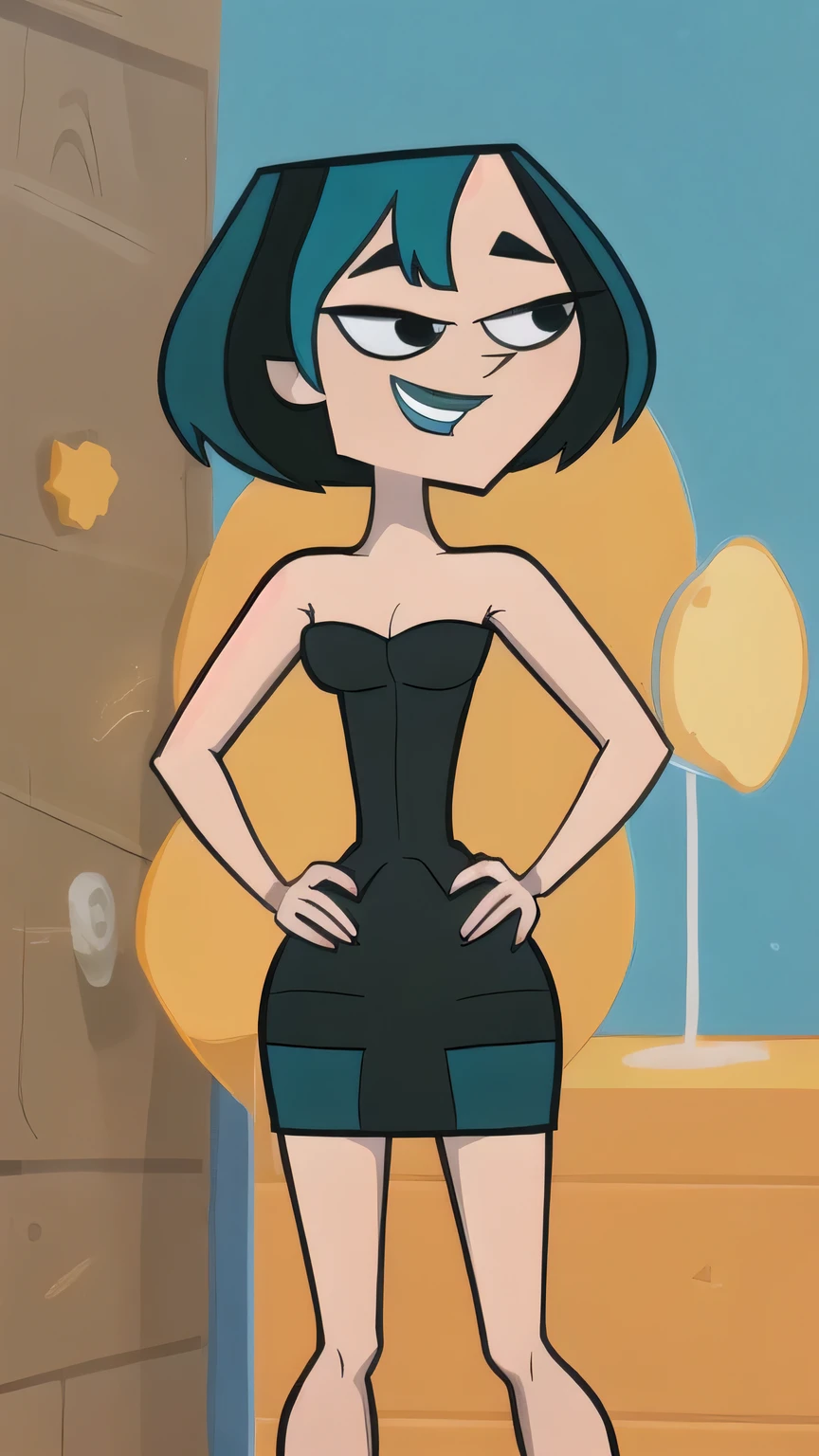 (8k, RAW photo, best quality, masterpiece:1.2), (intricate details), perfect eyes, perfect face, perfect lighting, beautiful, (masterpiece:1.2), (best quality:1.2), 1girl, cartoon style, gwentdi, solo, black eyes, black strapless tube dress, black high heels, medium breast, smile, hands on hip
