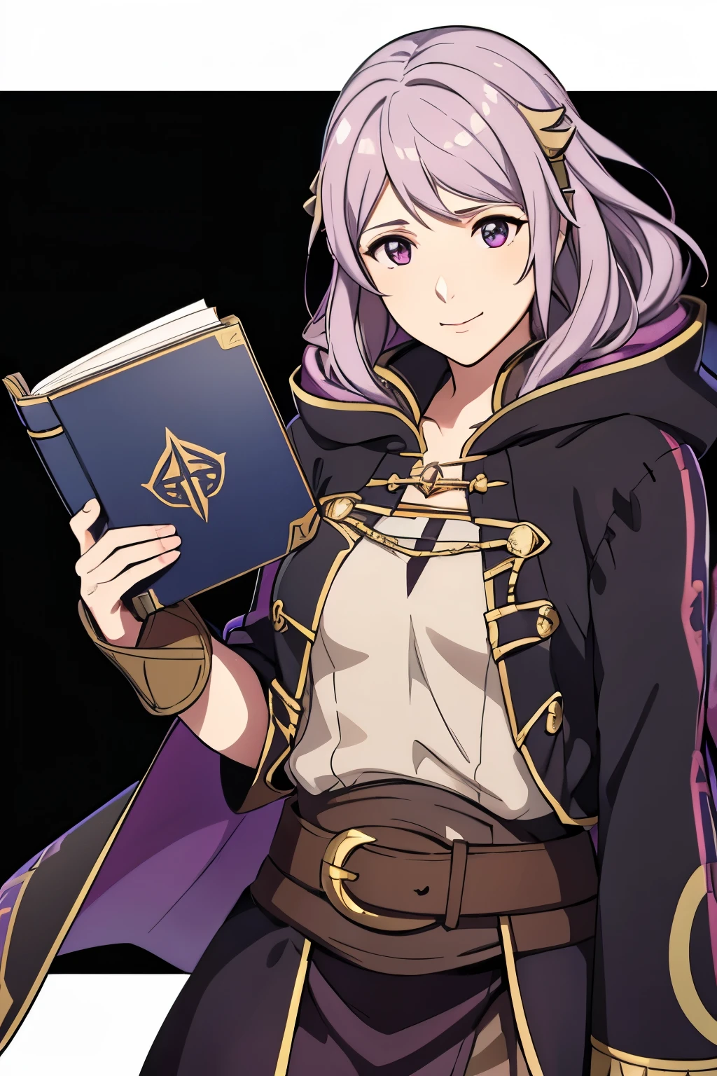 (high-quality, breathtaking),(expressive eyes, perfect face) 1girl, female, solo, portrait, Fire Emblem Awakening, Symmetrical Eyes, black background, Robin (Fire Emblem: Awakening), dark Brown hair color, short hair length, messy wavy hair, hair ornament, upper body, pink eyes, Black and purple cloak, gold trim, black shirt, brown belt, tomb, cute smile, detailed eyes, adorable face, short height, Grima, holding book, female robin (fire emblem)
