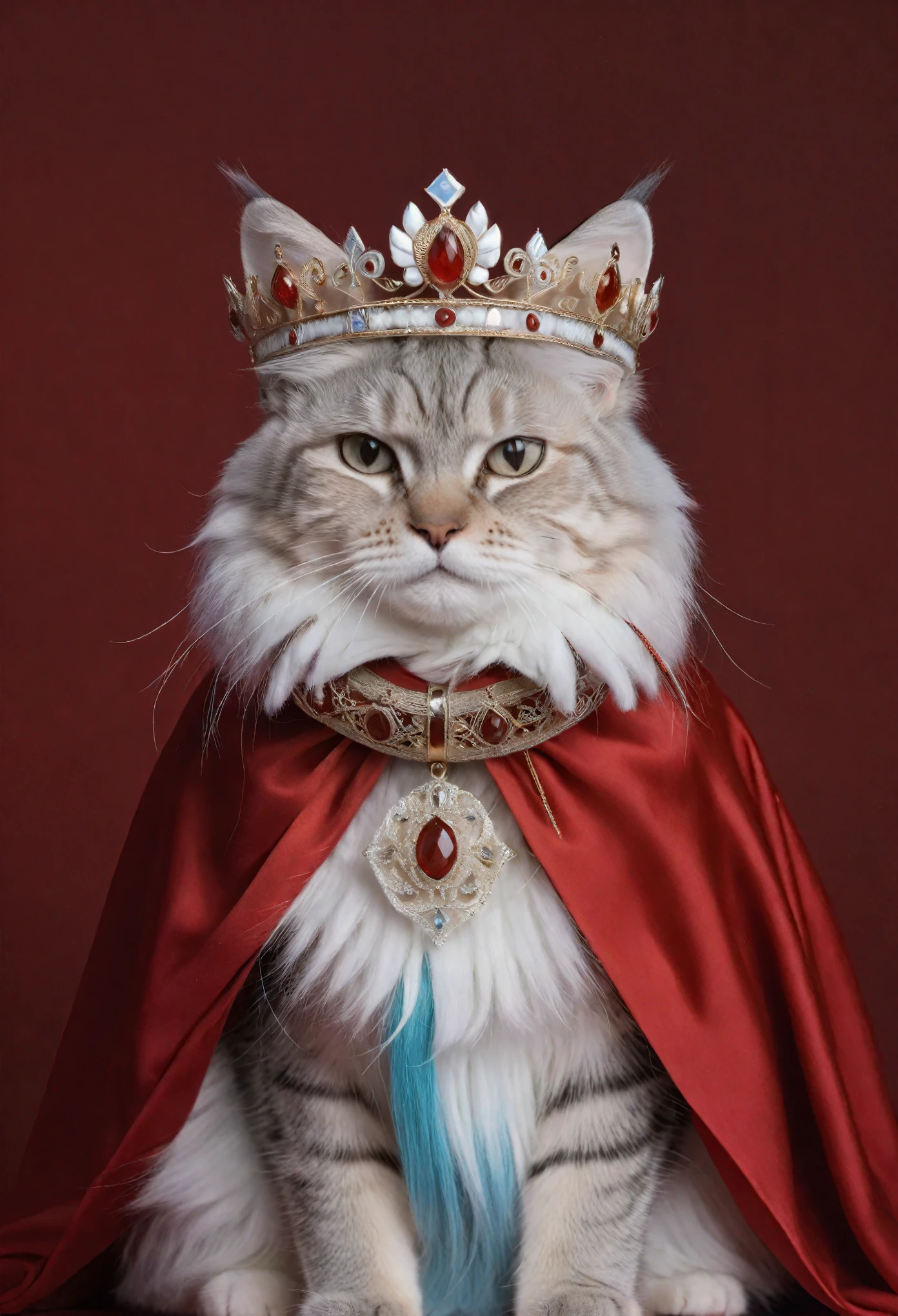 Pallas's Cat, royal costume, crown, cape with fur, studio portrait, vertical composition, regal bearing, deep red backdrop, ornate medallion, majestic look, soft lighting,animal royalty theme, pet fashion, simple solid color background