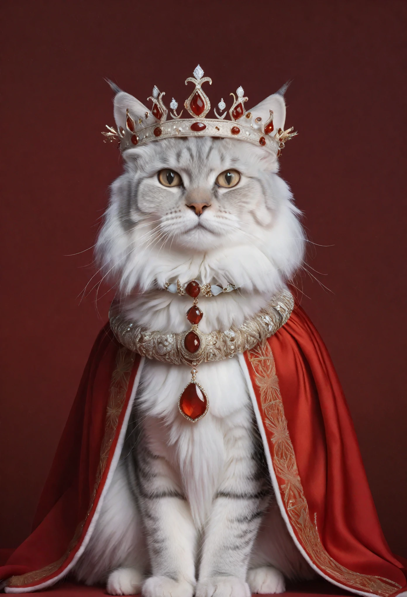 Pallas's Cat, royal costume, crown, cape with fur, studio portrait, vertical composition, regal bearing, deep red backdrop, ornate medallion, majestic look, soft lighting,animal royalty theme, pet fashion, simple solid color background