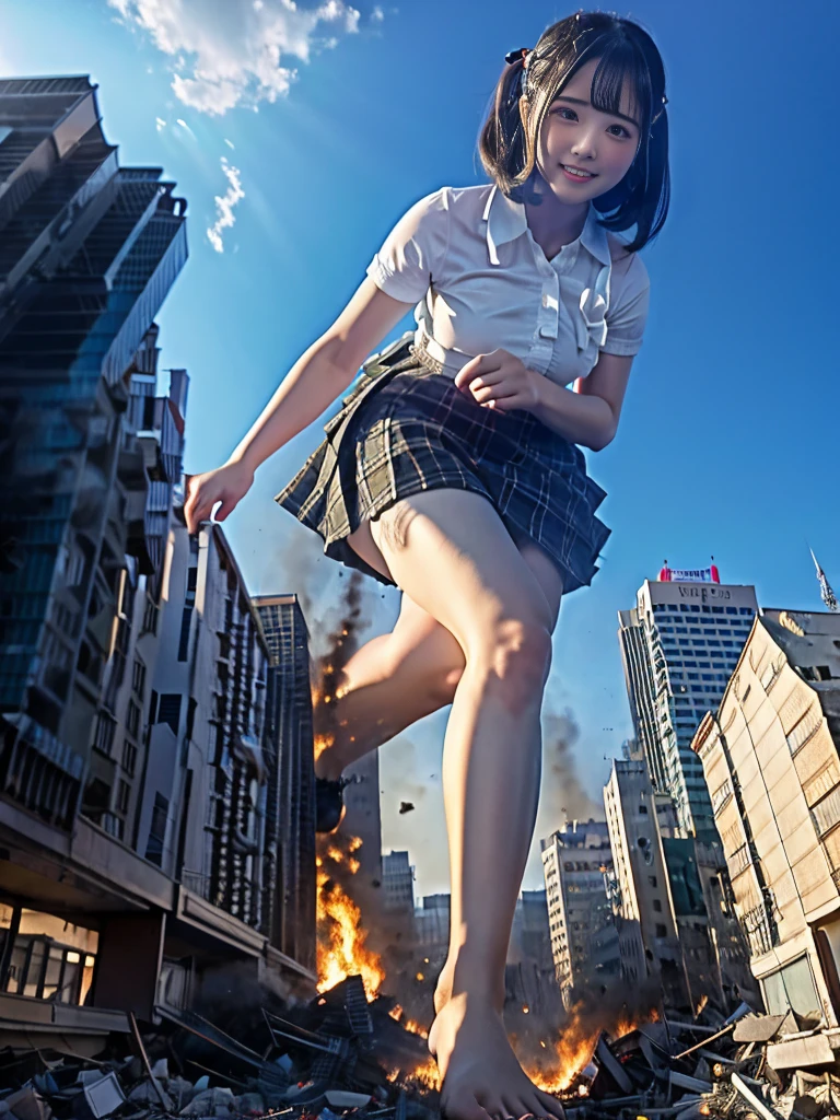 (High resolution、high resolution、High quality、Accurate body structure、Detailed body)Towering、Looming、attack of 800ft woman,Giantess attacks the city、Cute Women、Destroy a small town淫乱な女性、Destroy a small town、Mischievous look、high school girl、White shirt、Checked Skirt、ribbon、Glowing Skin、Giant Woman、smile、Trampling buildings、rubble、Burning small town、Destroyed small buildings、Residents fleeing、sunset、Burning small town、Advance、walk、Trampling、Anatomically correct、Accurate human body、Accurate skeleton、Full body portrait、Bob Hair、Black Hair、Red eyes、足元に散らばるrubble、Taller than a skyscraper、Great impact、Epic、Giantess Elements、Draw a woman in a big way、Increase the destructive element