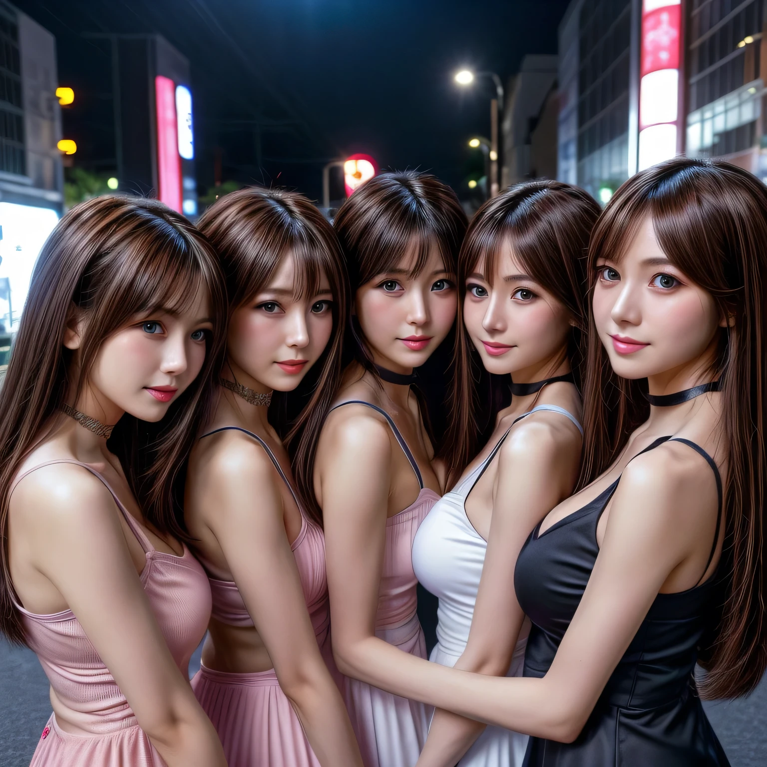 masterpiece, Multiple mature women per photo, Front view, Cute Japanese middle-aged woman, Long Bob Hair, (Light bright pink V-neck mini dress), Very cute face, Glossy Lips, Double eyelids on both eyes, Natural Makeup, (Brown Hair , Long Bob Hair), Asymmetrical bangs, High resolution, Attention to detail, Detailed hairstyle, Detailed face, Cinema Lighting, Octane Rendering, Ultra-realistic, Perfect limbs, Perfect Anatomy, Black Choker, Blue Eyes, Big Breasts, ((Slim body:1.5)), Cool Beauty, Slim face, smile, Cleavage, Fantasy World, Outdoor, ((Straight Long Hair)), Mature sex appeal, ((A group of young Japanese women discussing at a meeting))，Big breast swelling